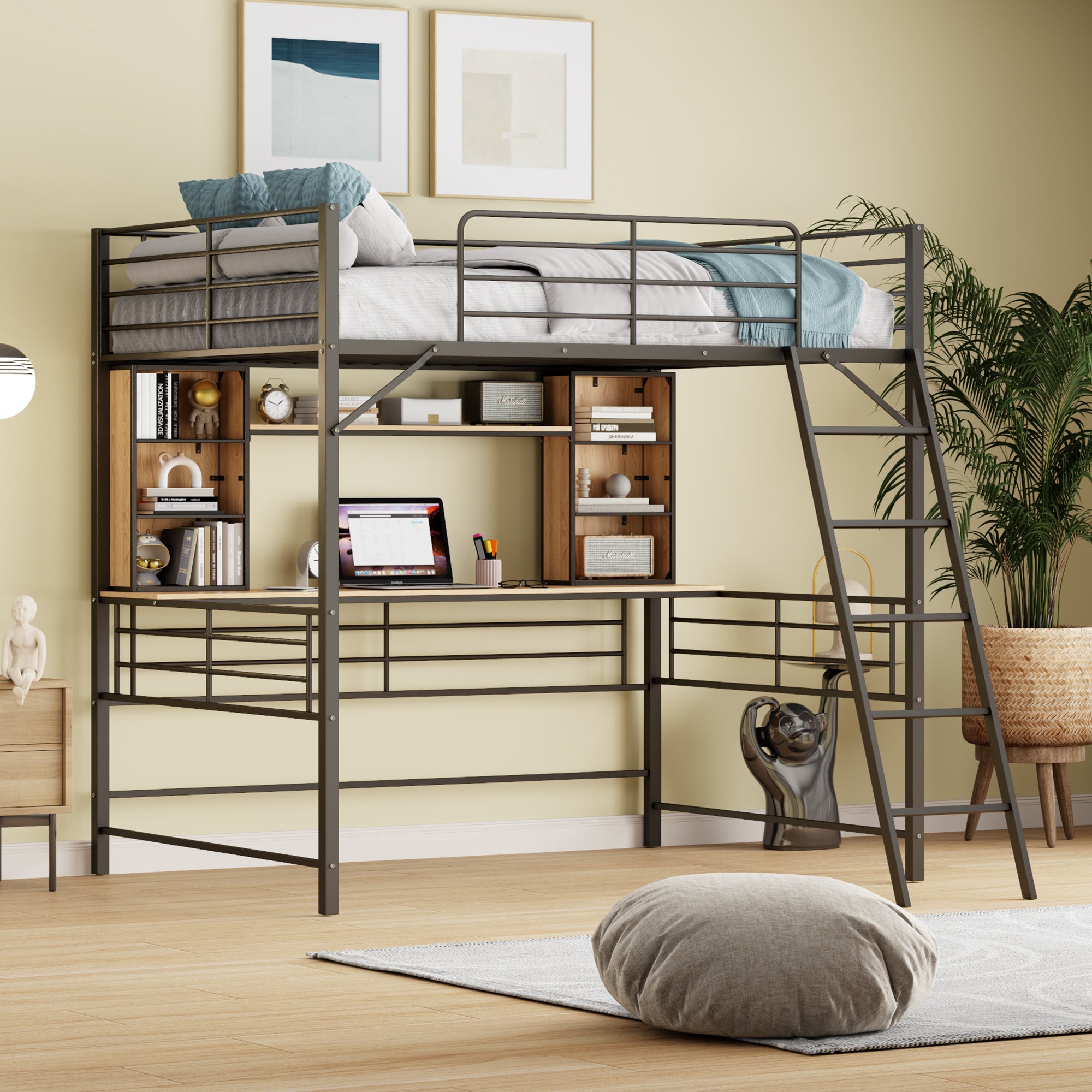 Full Size Loft Bed with Desk and Shelf, Loft Bed with Ladder, Full, Black