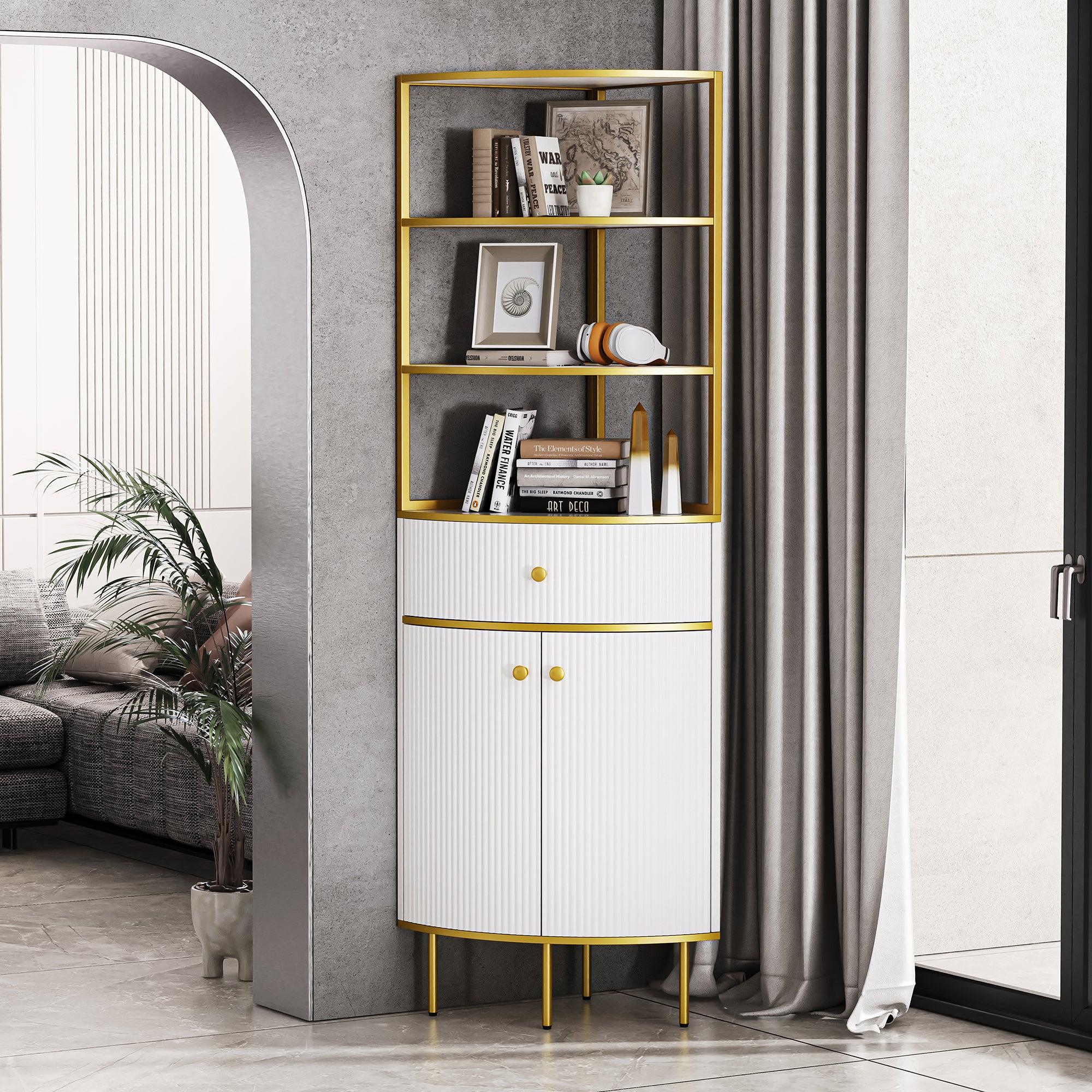🆓🚛 74.8" Tall Modern Corner Bookshelf, Fan-Shaped Bookcase With 1 Drawer & 2 Doors, Wooden Standing Corner Shelf With Gold Metal Frame for Living Room, Home Office, White