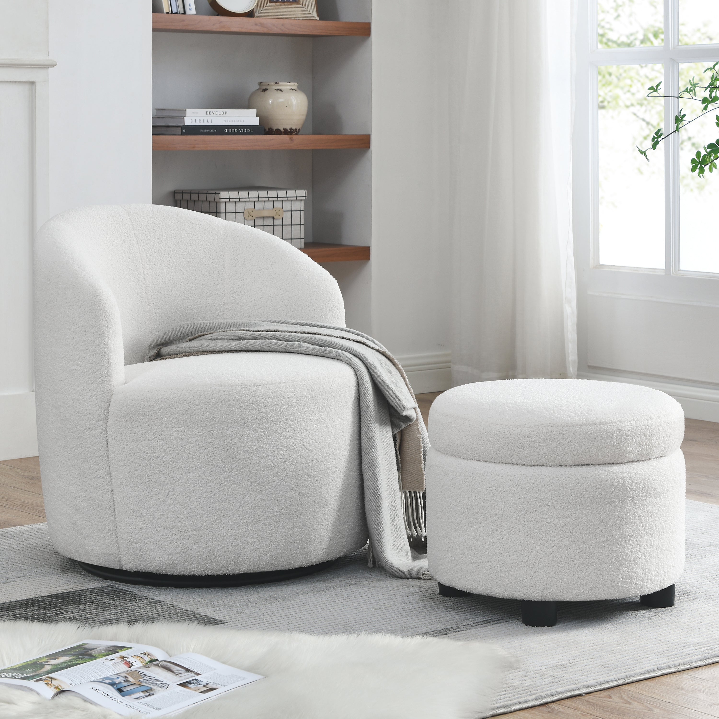 Living Room Swivel Barrel Chair With Round Storage Ottoman Chair, Teddy Fabric, White