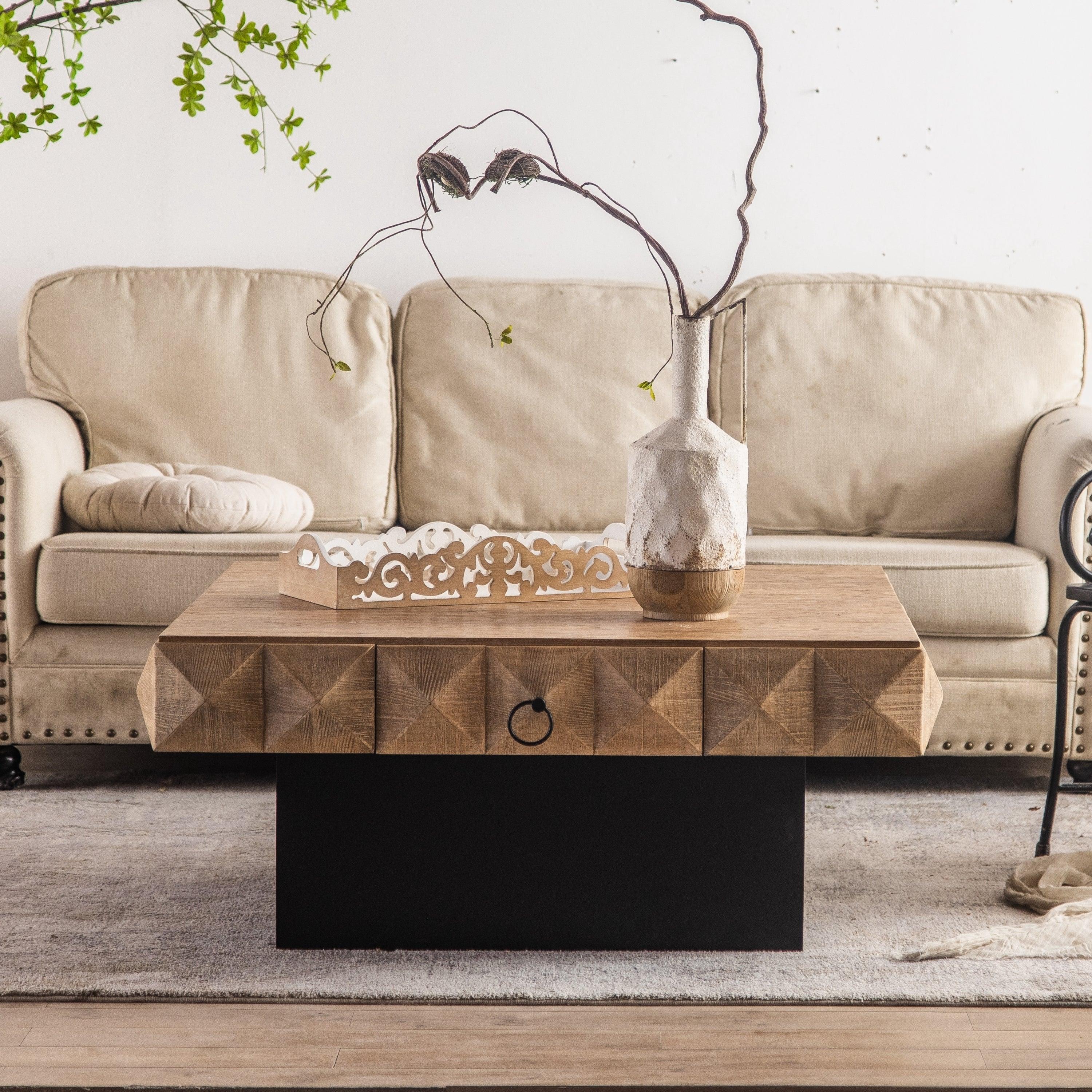 41.73" Three-dimensional Embossed  Pattern Square Retro Coffee Table with 2 Drawers and MDF Base