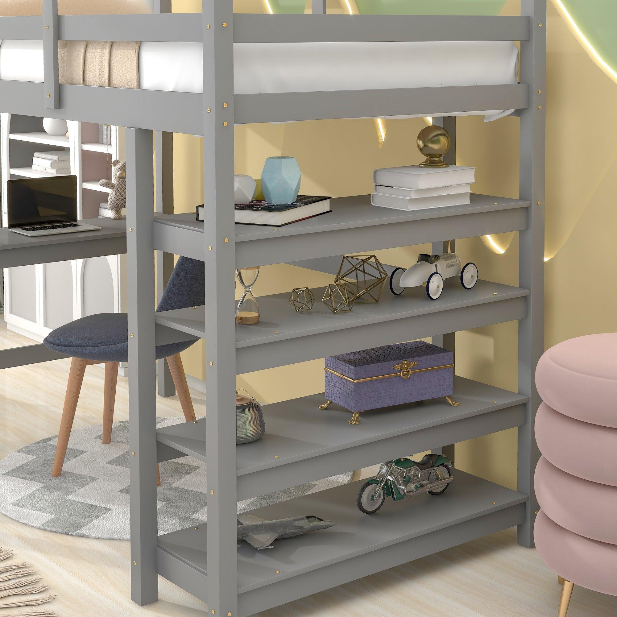 🆓🚛 Loft Bed Twin With Desk, Ladder, Shelves, Gray