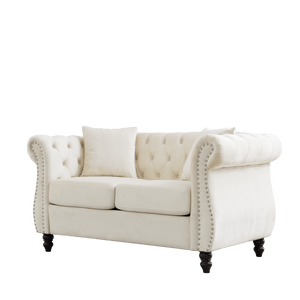 58.8" Chesterfield Sofa Beige Velvet for Living Room, 2 Seater Sofa Tufted Couch with Rolled Arms and Nailhead with 2 Pillows