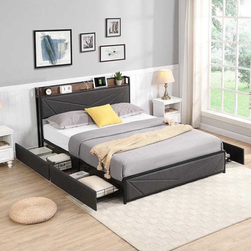 🆓🚛 Queen Bed Frame, Storage Headboard With Charging Station, Solid and Stable, Noise Free, Dark Gray