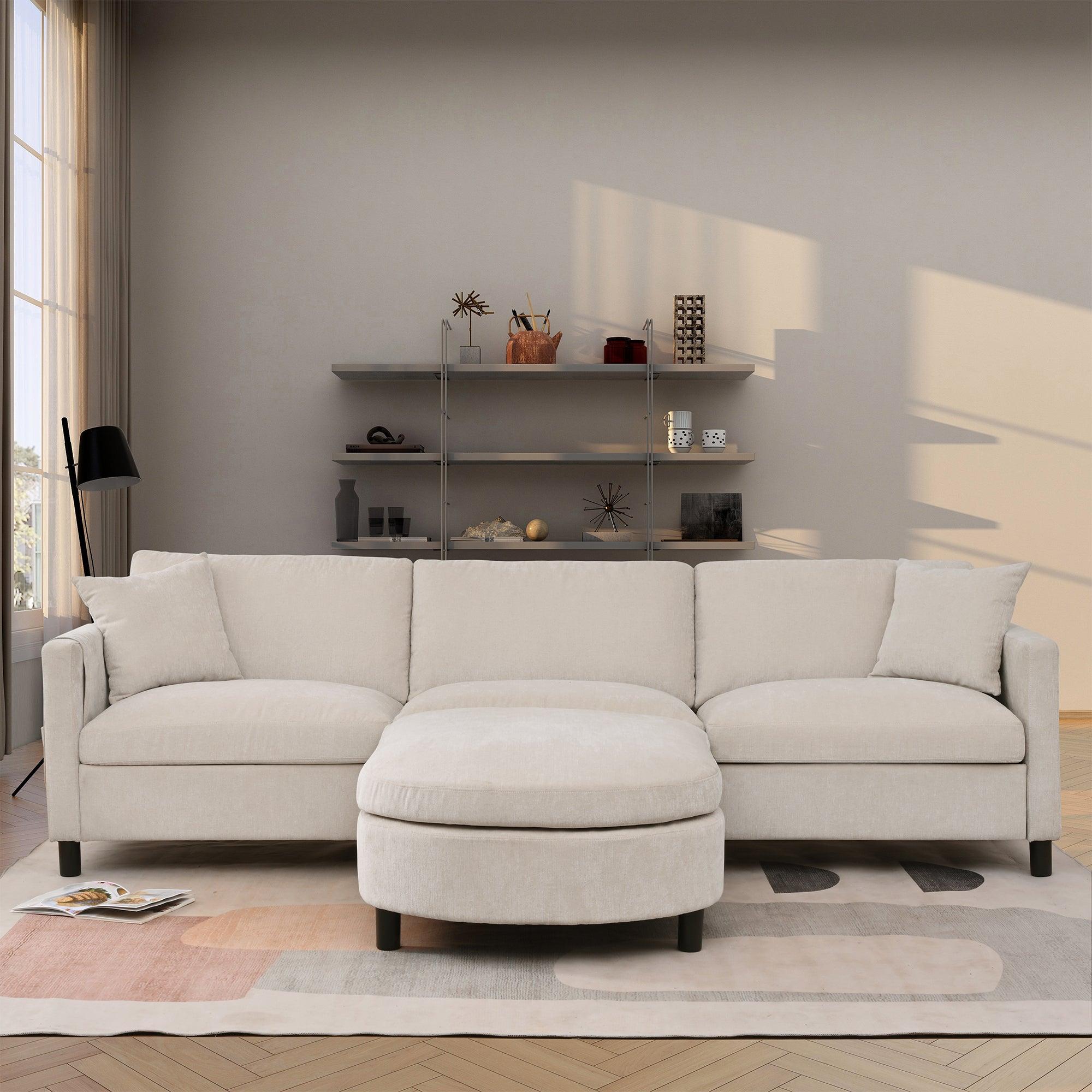 🆓🚛 107.87" Sectional Sofa Couch With 1 Ottoman, Removable Seat Cushion & Back Cushion, Beige