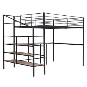 Full Size Metal Loft Bed with Desk and Lateral Storage Ladder, Black