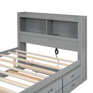 Full Size platform bed with trundle, drawers and USB plugs, Gray