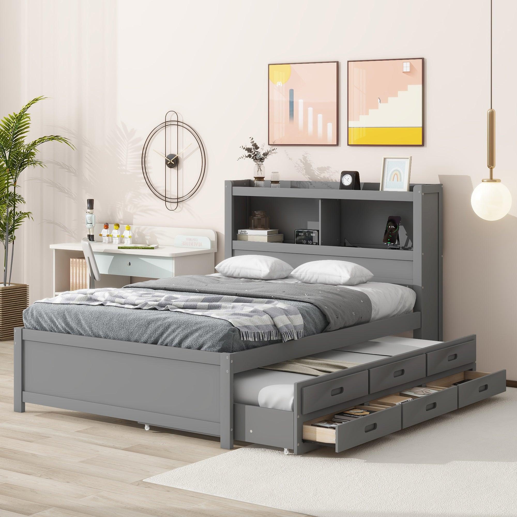 Full Size platform bed with trundle, drawers and USB plugs, Gray