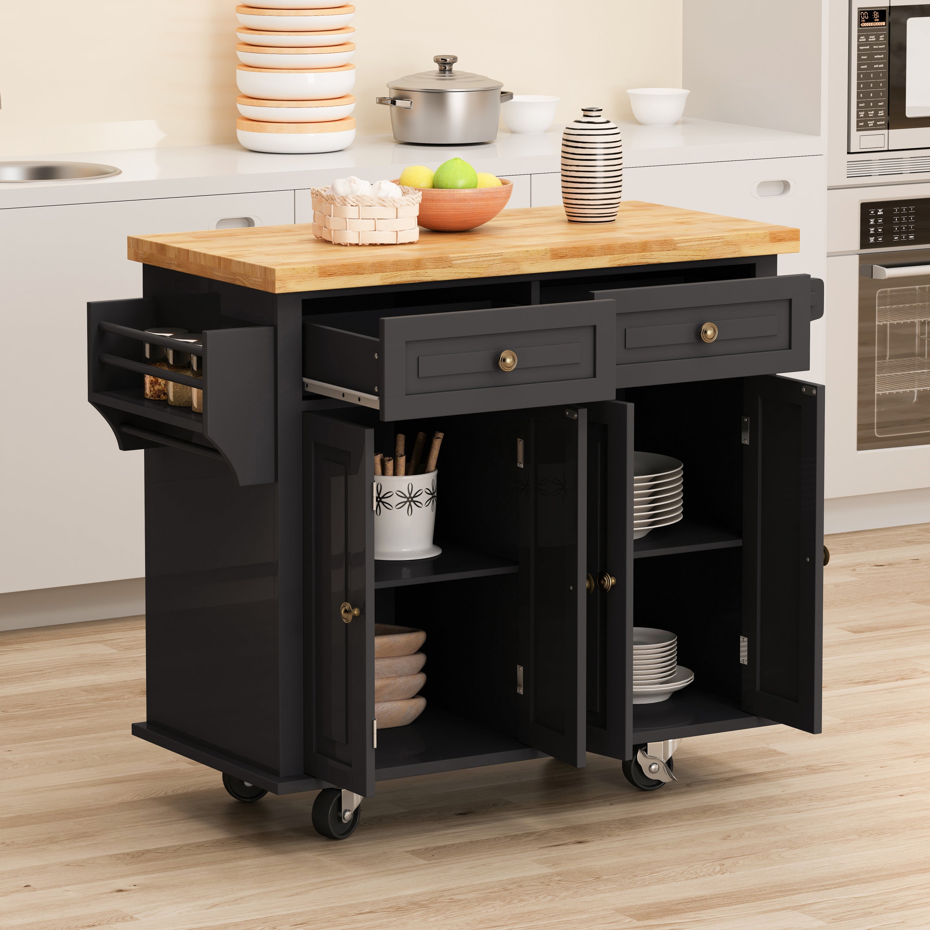 🆓🚛 Kitchen Island Cart With Two Storage Cabinets and Two Locking Wheels, 43.31" Width, 4 Door Cabinet and Two Drawers, Spice Rack, Towel Rack, Black