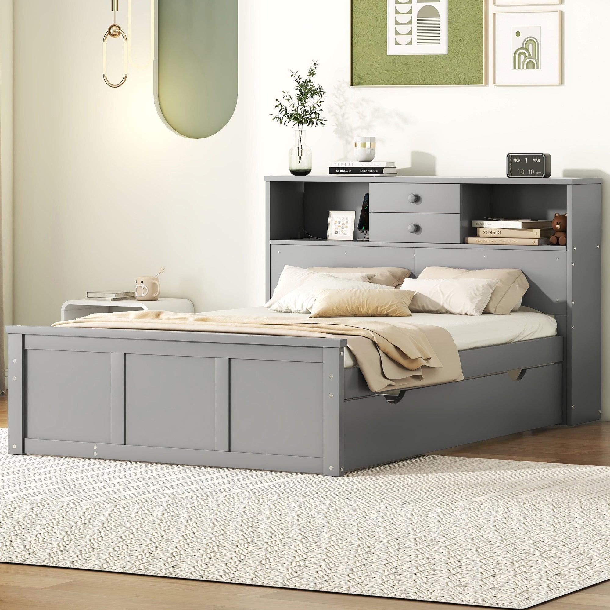 🆓🚛 Full Size Wood Pltaform Bed With Win Size Trundle, 3 Drawers, Upper Shelves & a Set Of Usb Ports & Sockets, Gray