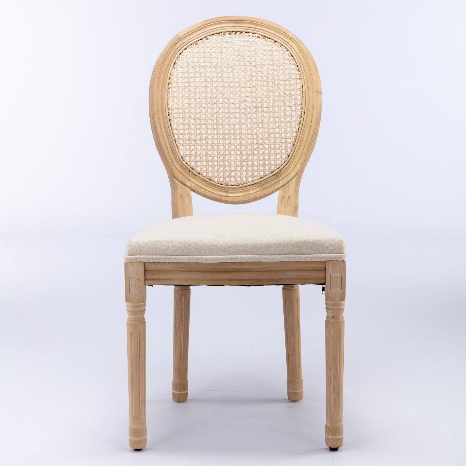 🆓🚛 French Style Solid Wood Frame Antique Painting Linen Fabric Rattan Back Dining Chair, Set Of 2, Cream, Beige
