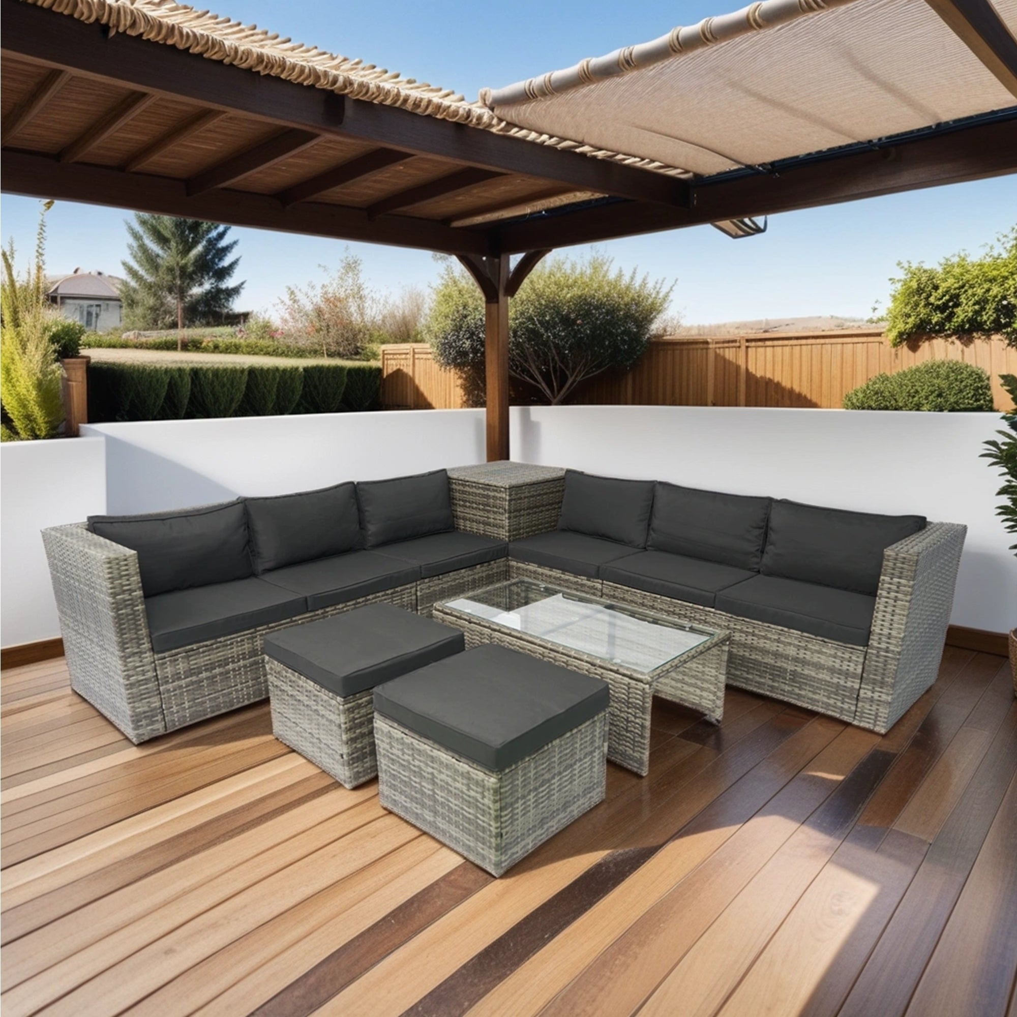 🆓🚛 8 Piece Patio Sectional Wicker Rattan Outdoor Furniture Sofa Set With 1 Storage Box Under Seat and Cushion Box Gray Wicker + Black Cushion + Clear Glass Top