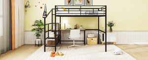 Full Size Metal Loft Bed with Desk and Lateral Storage Ladder, Black