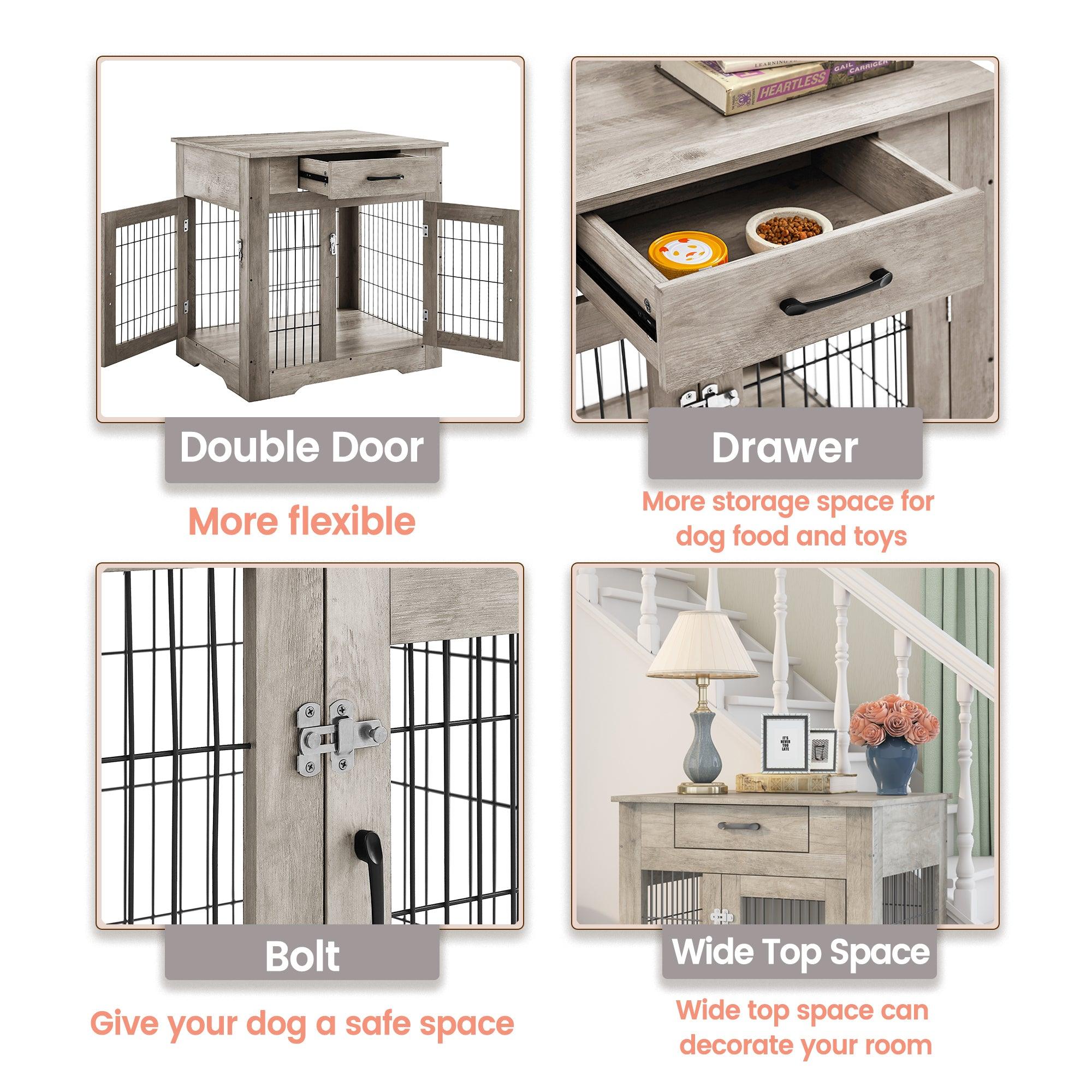 Furniture Style Dog Crate End Table With Drawer, Pet Kennels With Double Doors, Dog House Indoor Use, Grey, 29.9'' W X 24.8'' D X 30.71'' H.