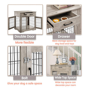 Furniture Style Dog Crate End Table With Drawer, Pet Kennels With Double Doors, Dog House Indoor Use, Grey, 29.9'' W X 24.8'' D X 30.71'' H.