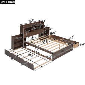 Full Size Storage Platform Bed with Pull Out Shelves, Twin Size Trundle and 2 Drawers, Espresso