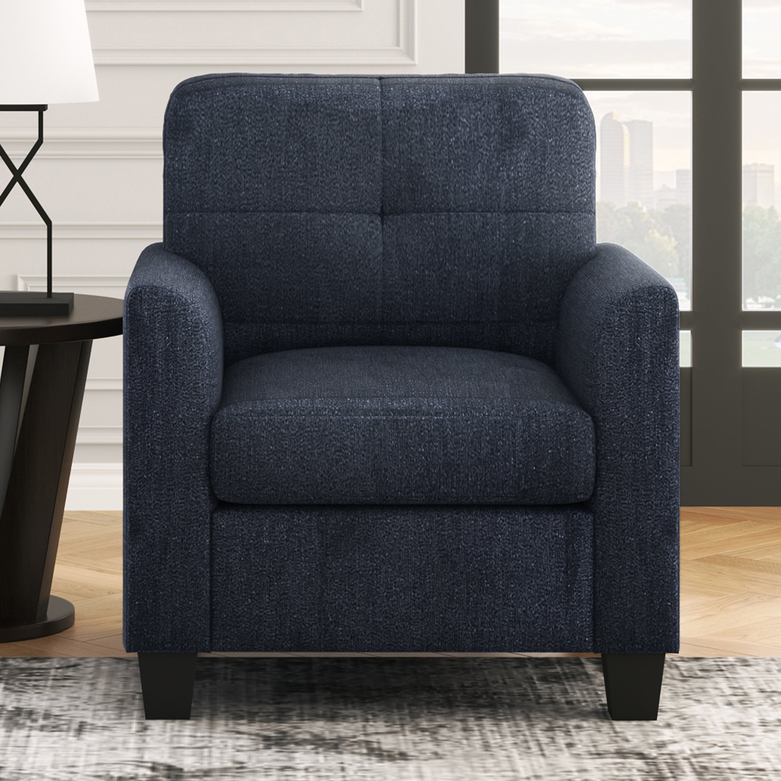 🆓🚛 Mid Century Modern Accent Chair Cozy Armchair Button Tufted Back and Wood Legs for Living Room, Office Room, Dark Blue