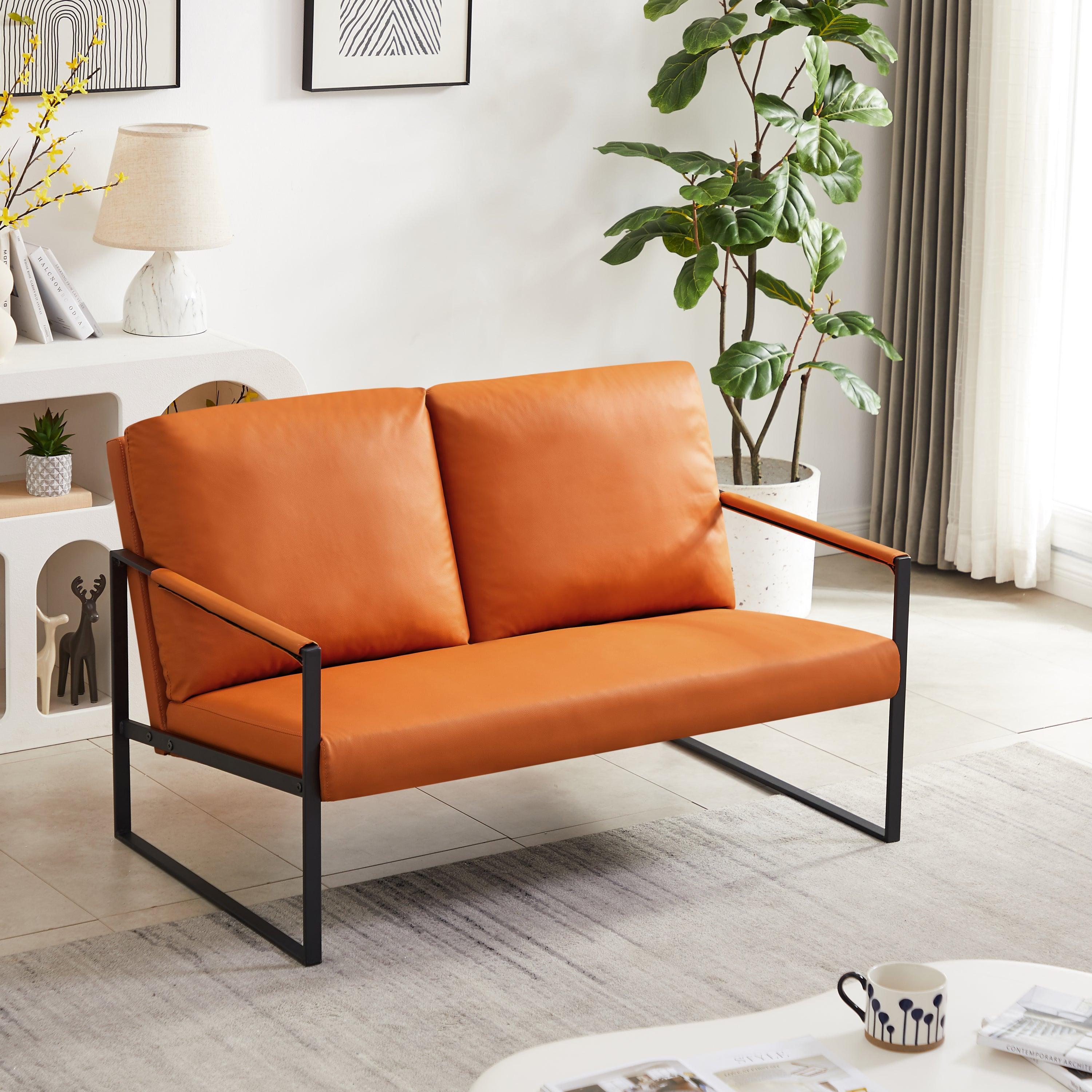 🆓🚛 Pvc Leather Accent Arm Chair With Extra Thick Padded Backrest & Seat Cushion, Non-Slip Adsorption Feet, Orange