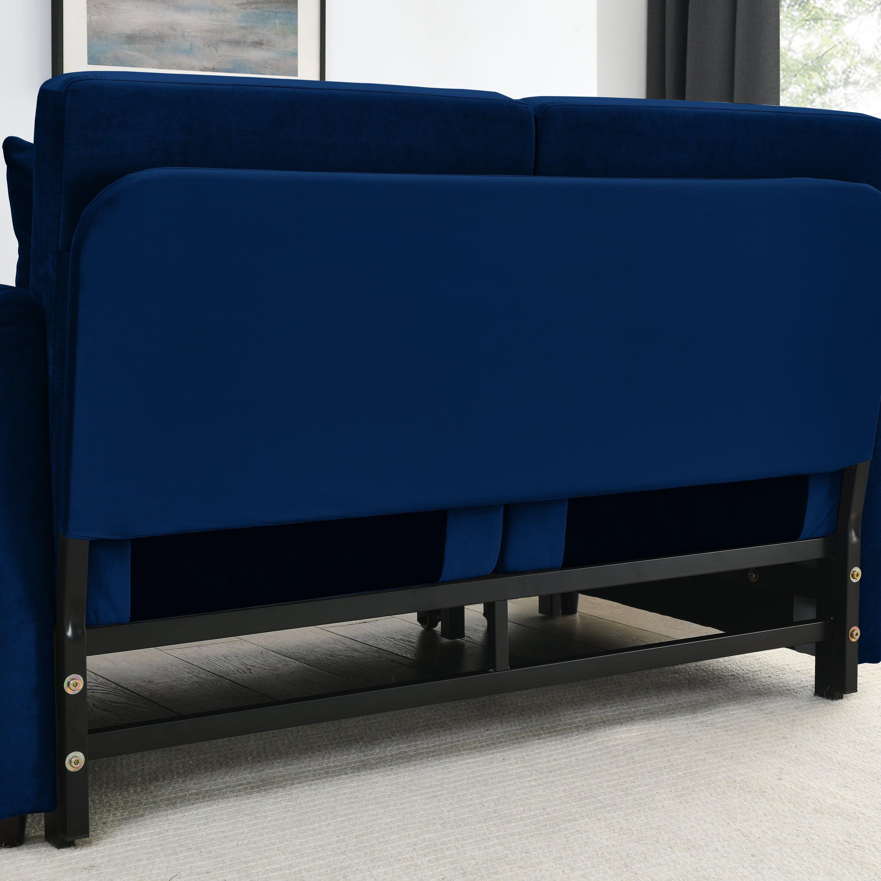 🆓🚛 54" Modern Velvet Convertible Sofa Bed With 2 Detachable Arm Pockets, 2 Pillows, Blue