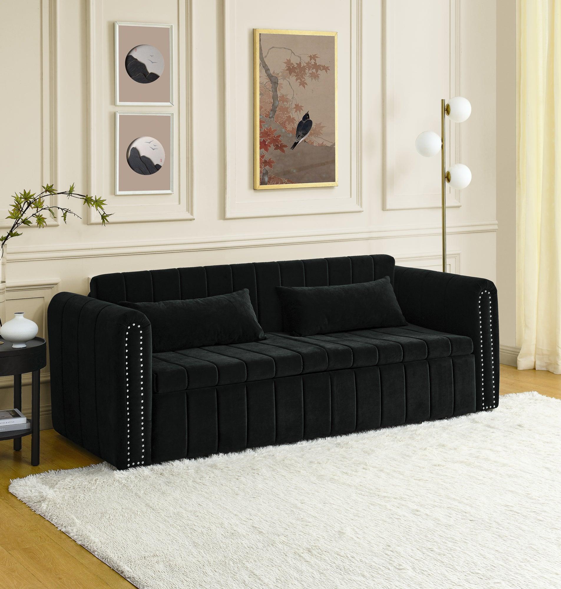 🆓🚛 3 in 1 Pull-Out Bed Sleeper Sofa, Rolled Arms, Copper Nails, 2 Drawers, 2 Pillows, Black