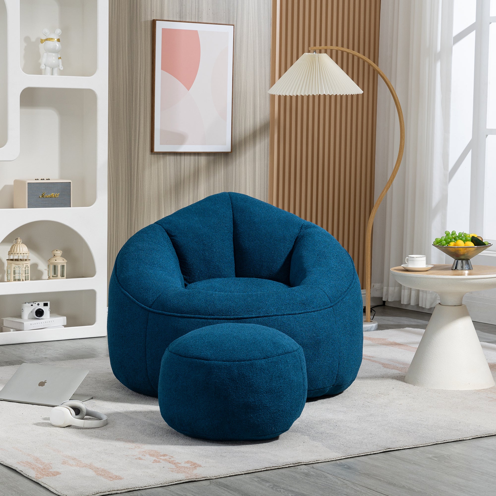 🆓🚛 Bean Bag Sofa Chair, High Pressure Foam Bean Bag Chair With Footrest, Blue