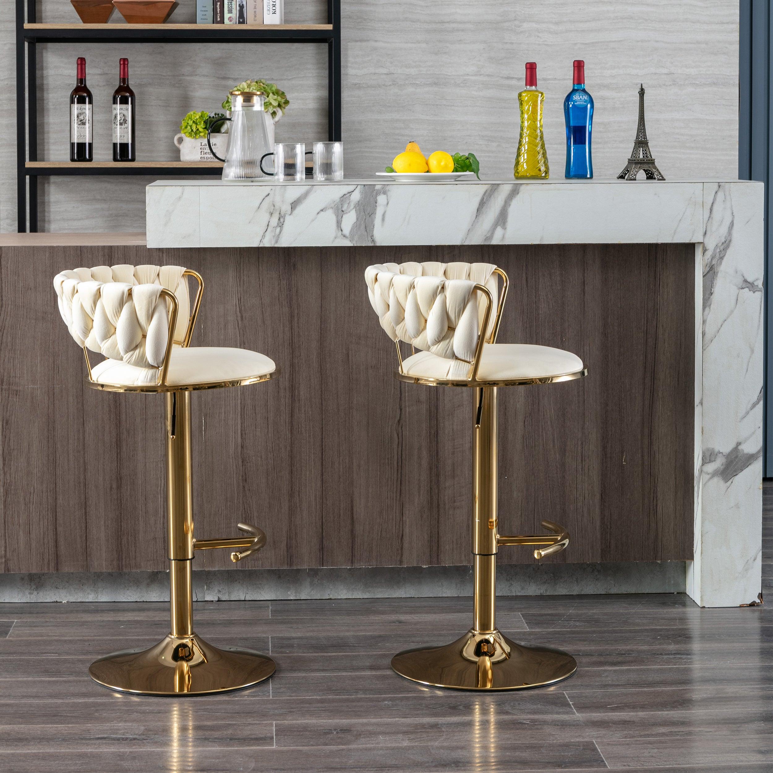 🆓🚛 Set Of 2 Bar Stools, With Chrome Footrest & Base Swivel Height Adjustable Mechanical Lifting Velvet + Golden Leg Simple Bar Stool-Cream