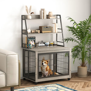 Furniture Style Dog Crate Side Table With Shelves, Equipped With Double Doors And A Raised Roof. Grey, 38.58 ''W X 25.5 ''D X 57 ''H