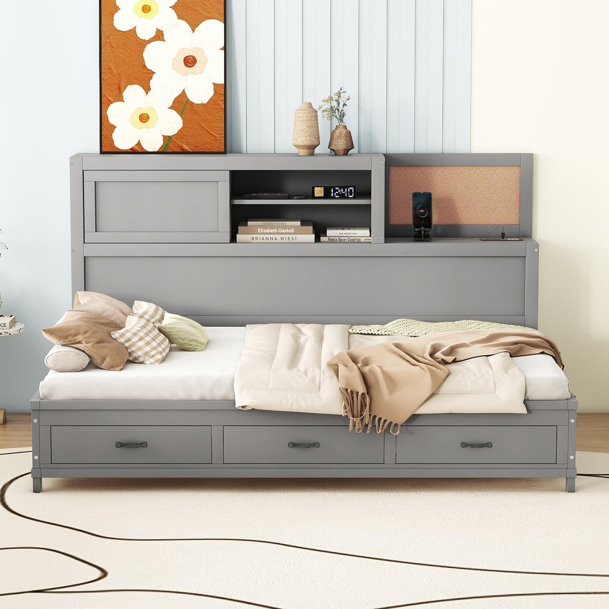 🆓🚛 Full Size Wooden Daybed With 3 Storage Drawers, Upper Soft Board, Shelf, Set Of Sockets & Usb Ports, Gray