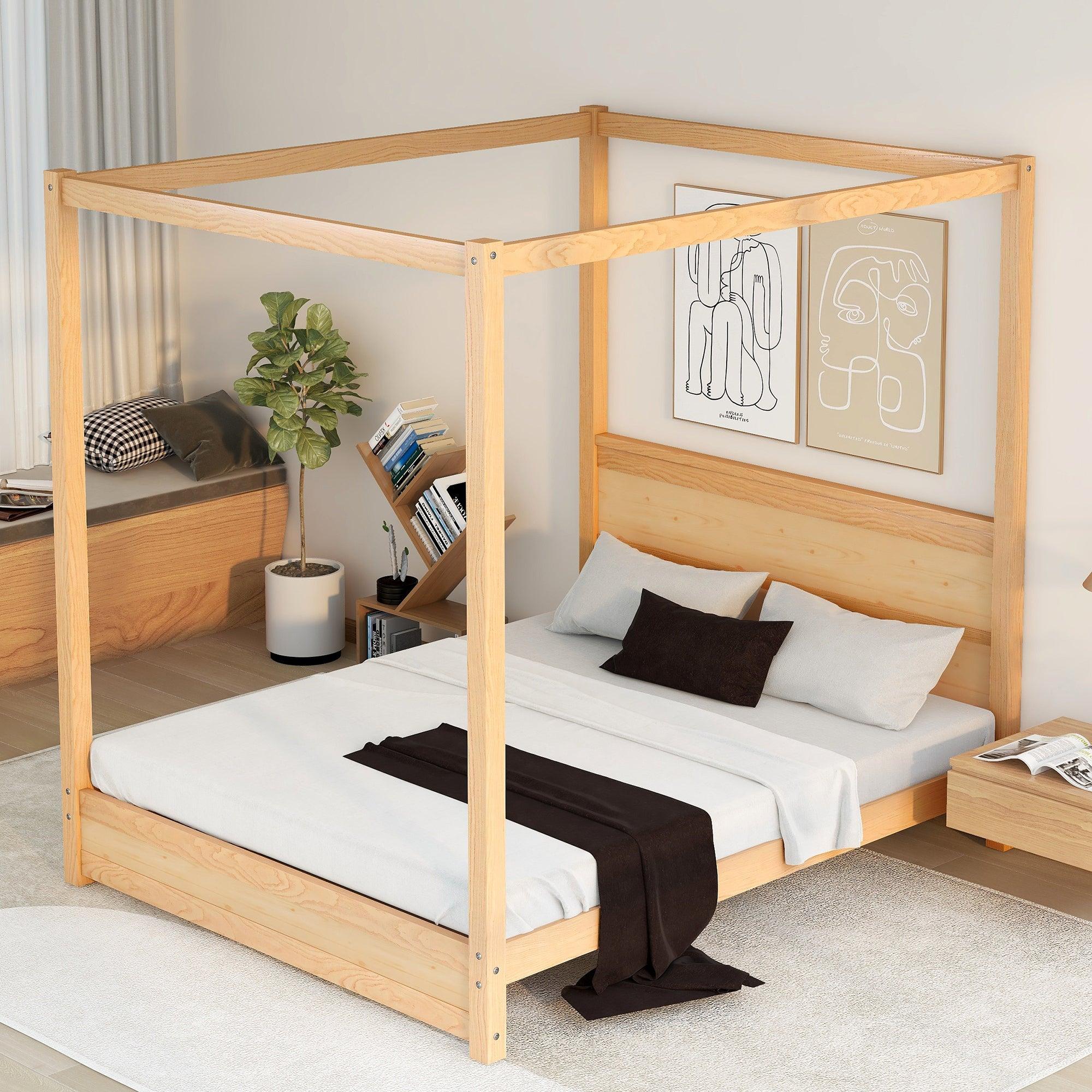 🆓🚛 Queen Size Canopy Platform Bed With Headboard & Support Legs, Natural