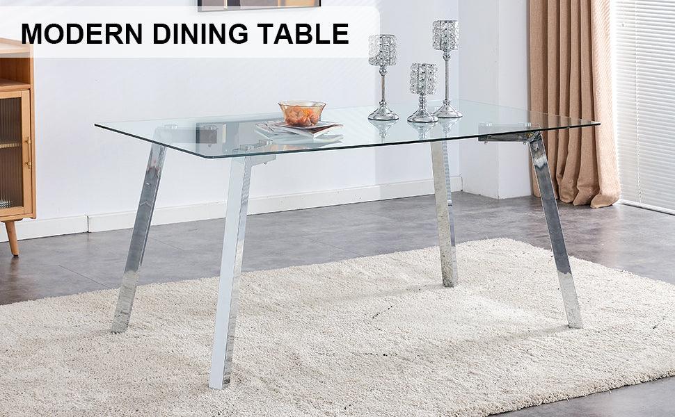 A Modern Minimalist Rectangular Glass Dining Table With Tempered Glass Tabletop And Silver Metal Legs, Suitable For Kitchens, Restaurants, And Living Rooms, 63"*35.4"*30"