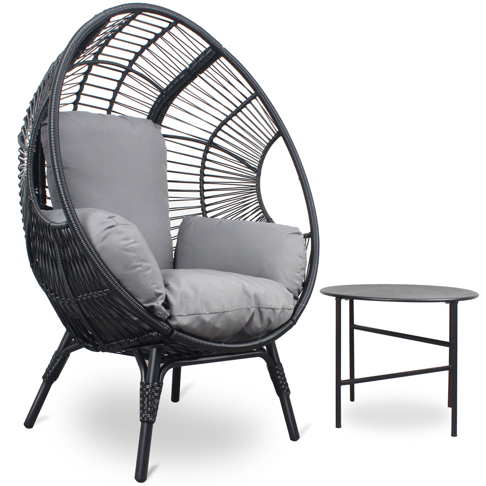 🆓🚛 Patio Pe Wicker Egg Chair Model 2 With Black Color Rattan Gray Cushion and Side Table