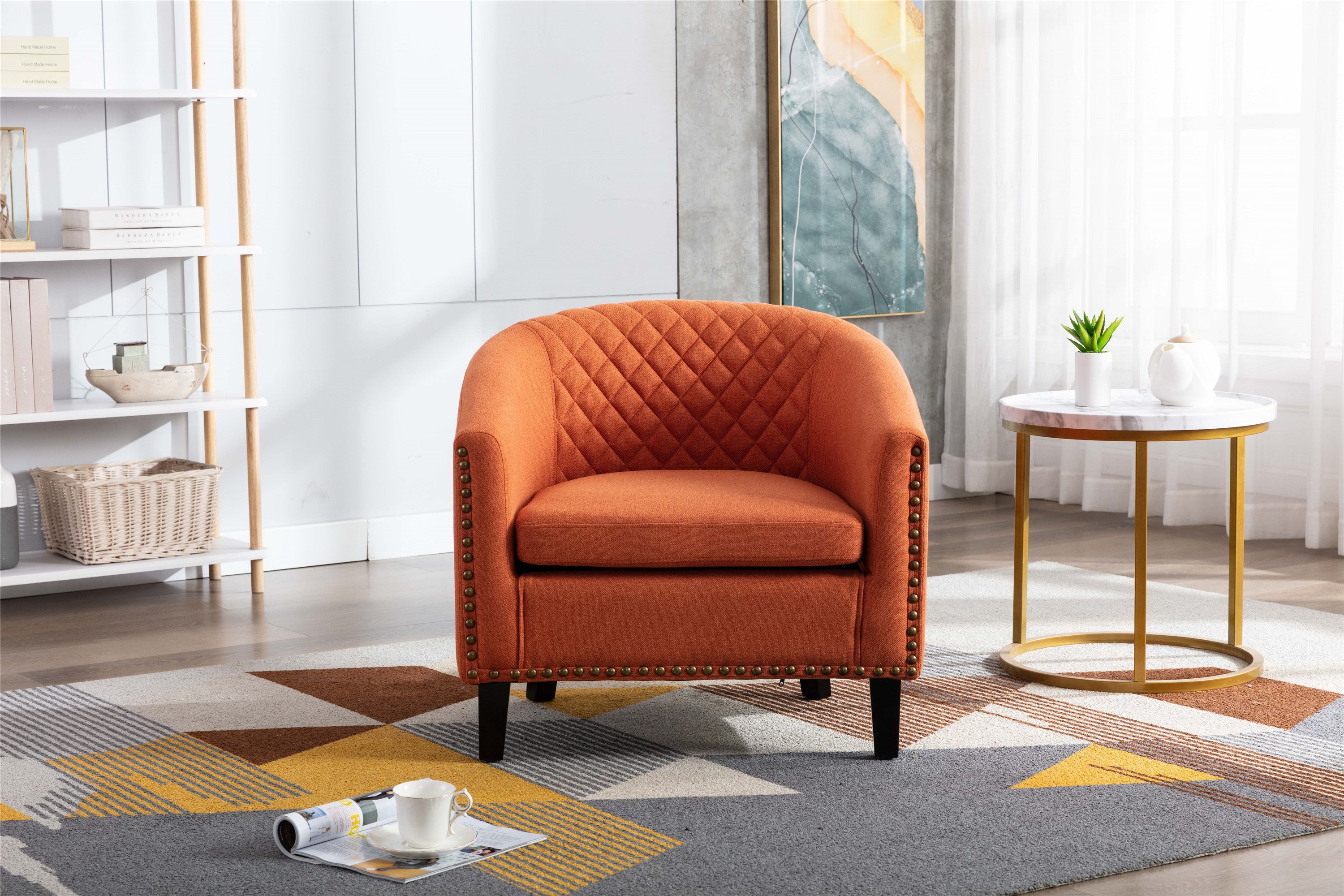 🆓🚛 Accent Barrel Chair Living Room Chair With Nailheads and Solid Wood Legs, Orange Linen