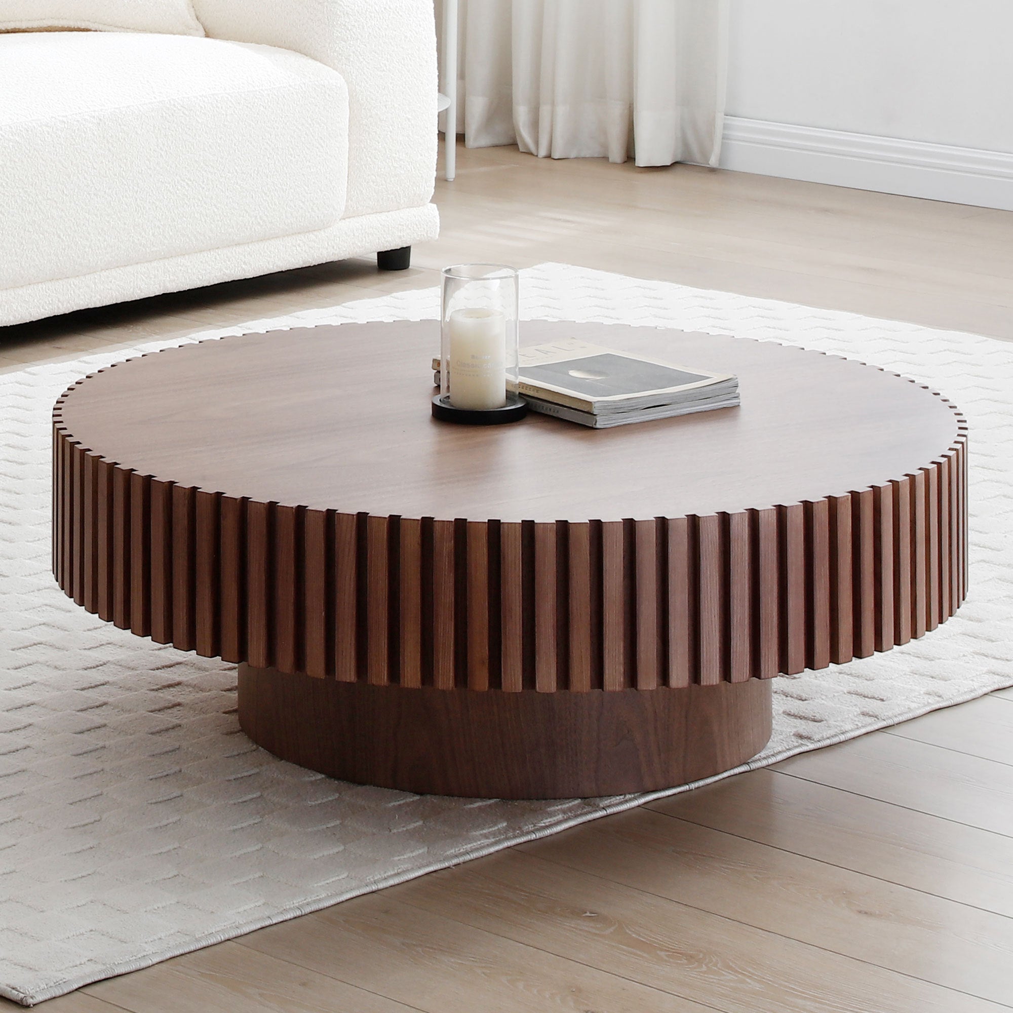 39.37'' Round Mdf Coffee Table Mid Century Modern Coffee Table Unique Coffee Table for Living Room Furniture, Tea Table Walnut