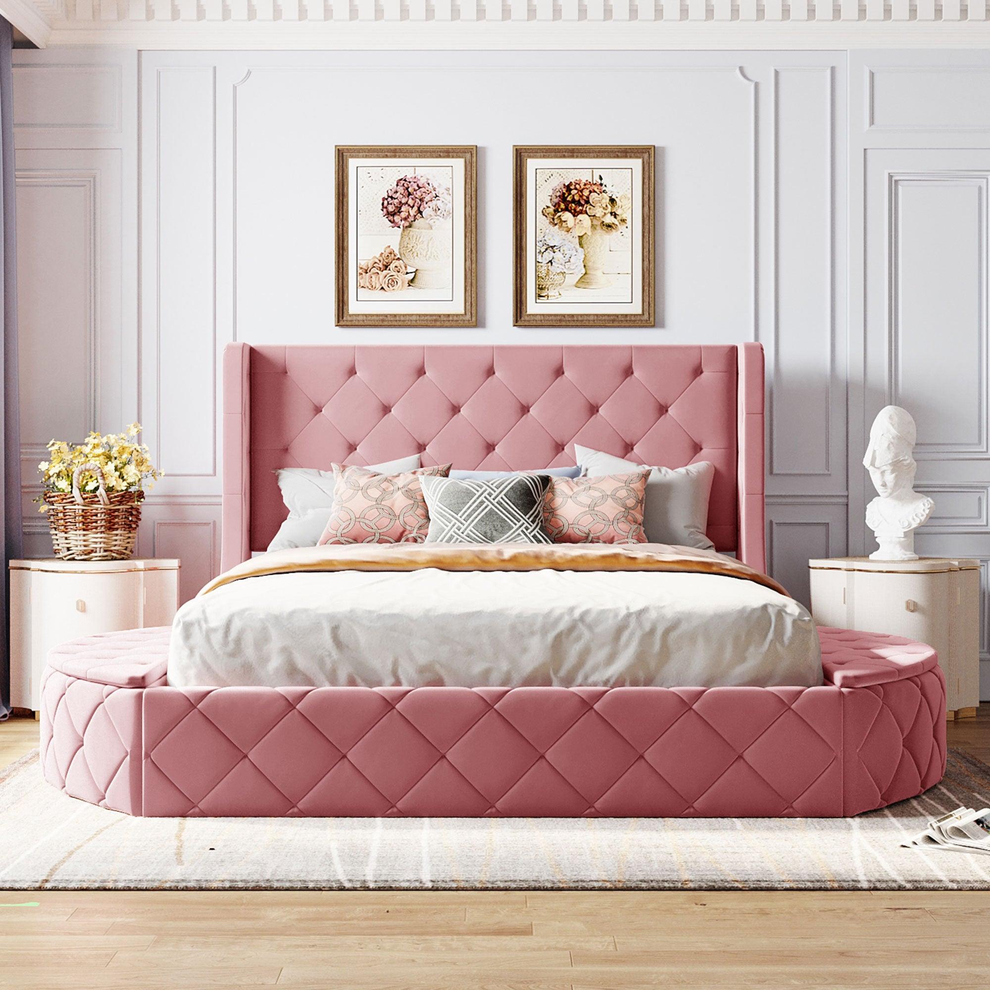 🆓🚛 Upholstered Platform Bed Queen Size Storage Velvet Bed With Wingback Headboard and 1 Big Drawer, 2 Side Storage Stool(Pink)