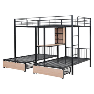 Full Over Twin & Twin Triple Bunk Bed with Drawers, Multi-functional Metal Frame Bed with desks and shelves in the middle, Black