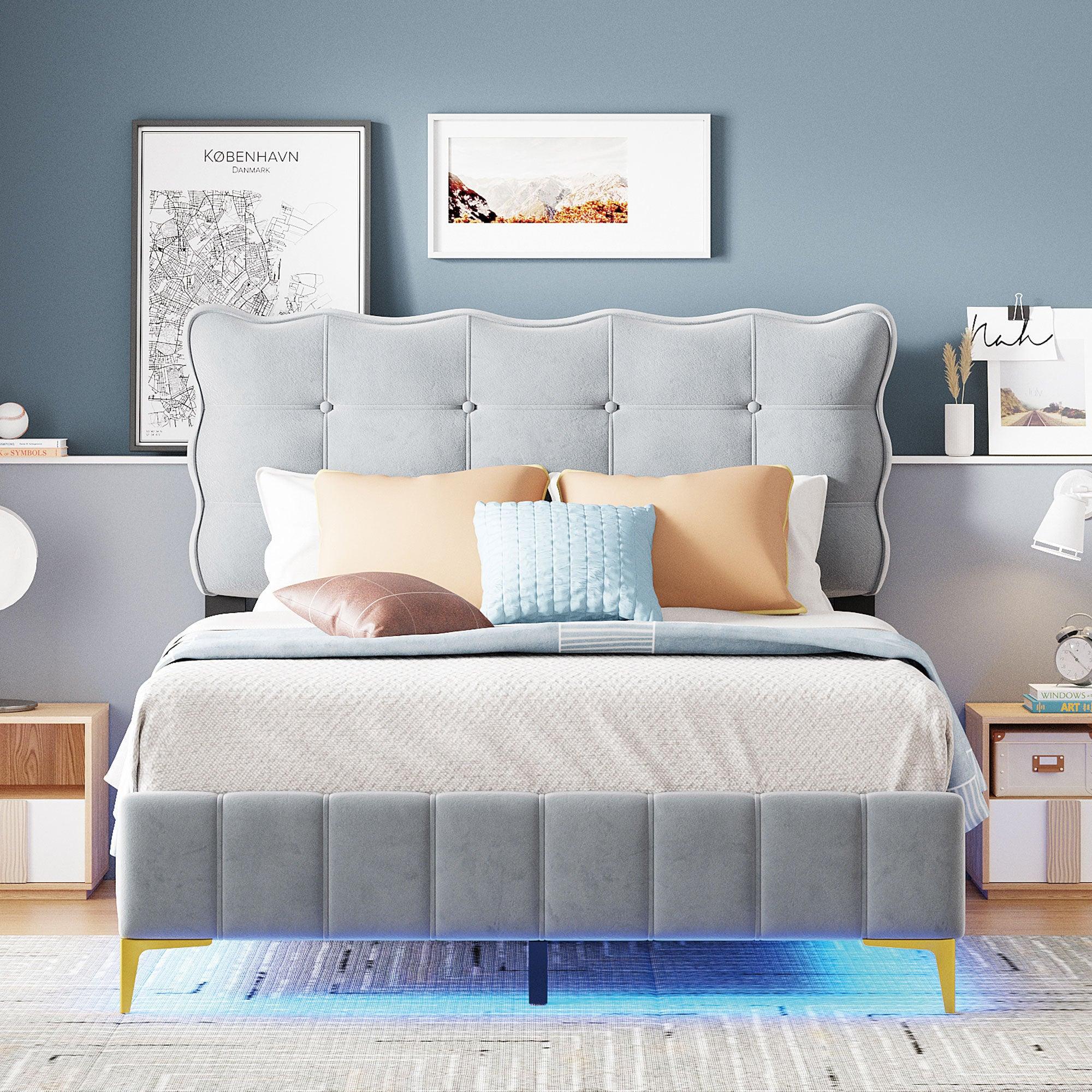 🆓🚛 Full Size Velvet Platform Bed With Led Frame and Stylish Mental Bed Legs, Gray