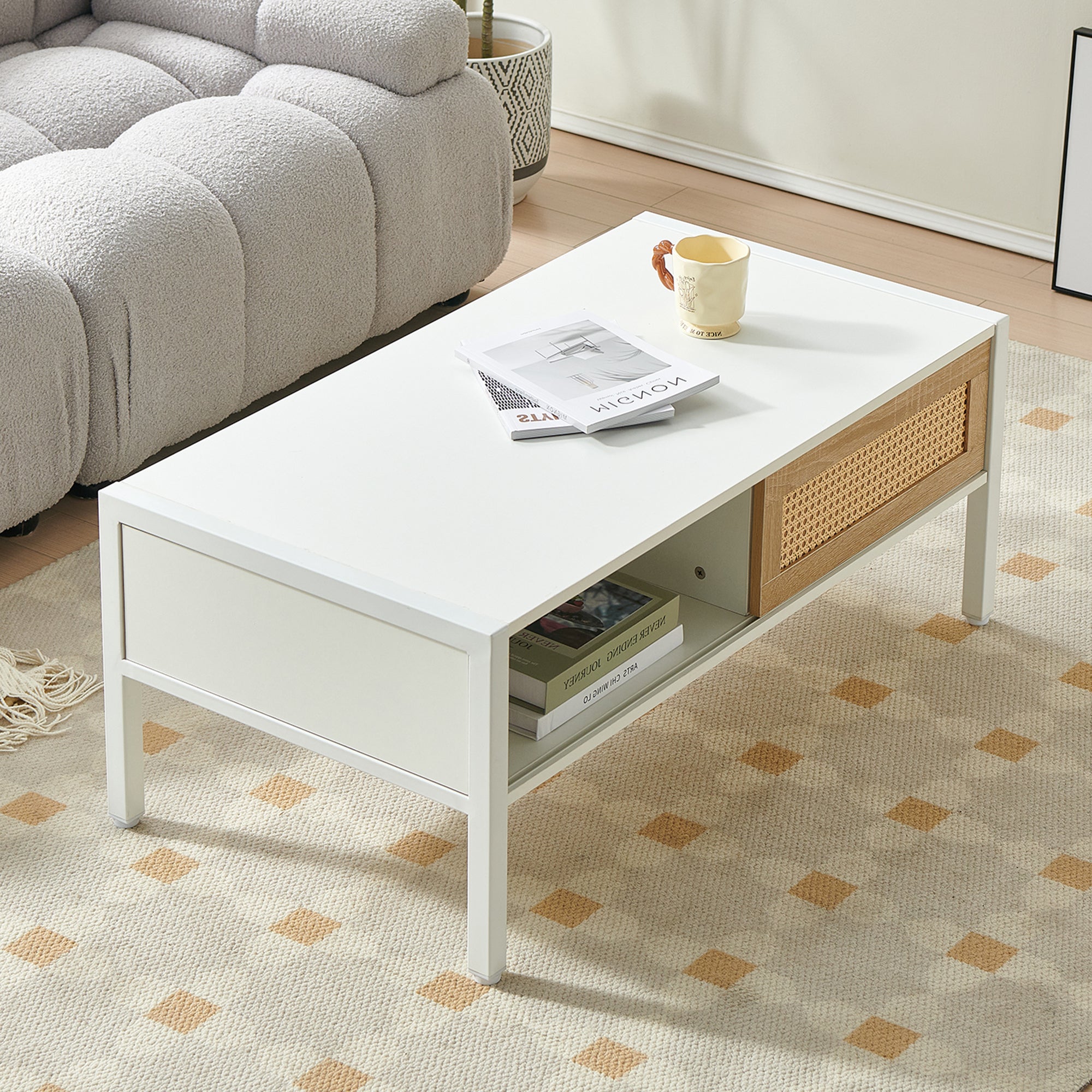 40.16" Rattan Coffee Table, Sliding Door for Storage, Metal Legs, Modern Table  for Living Room , White