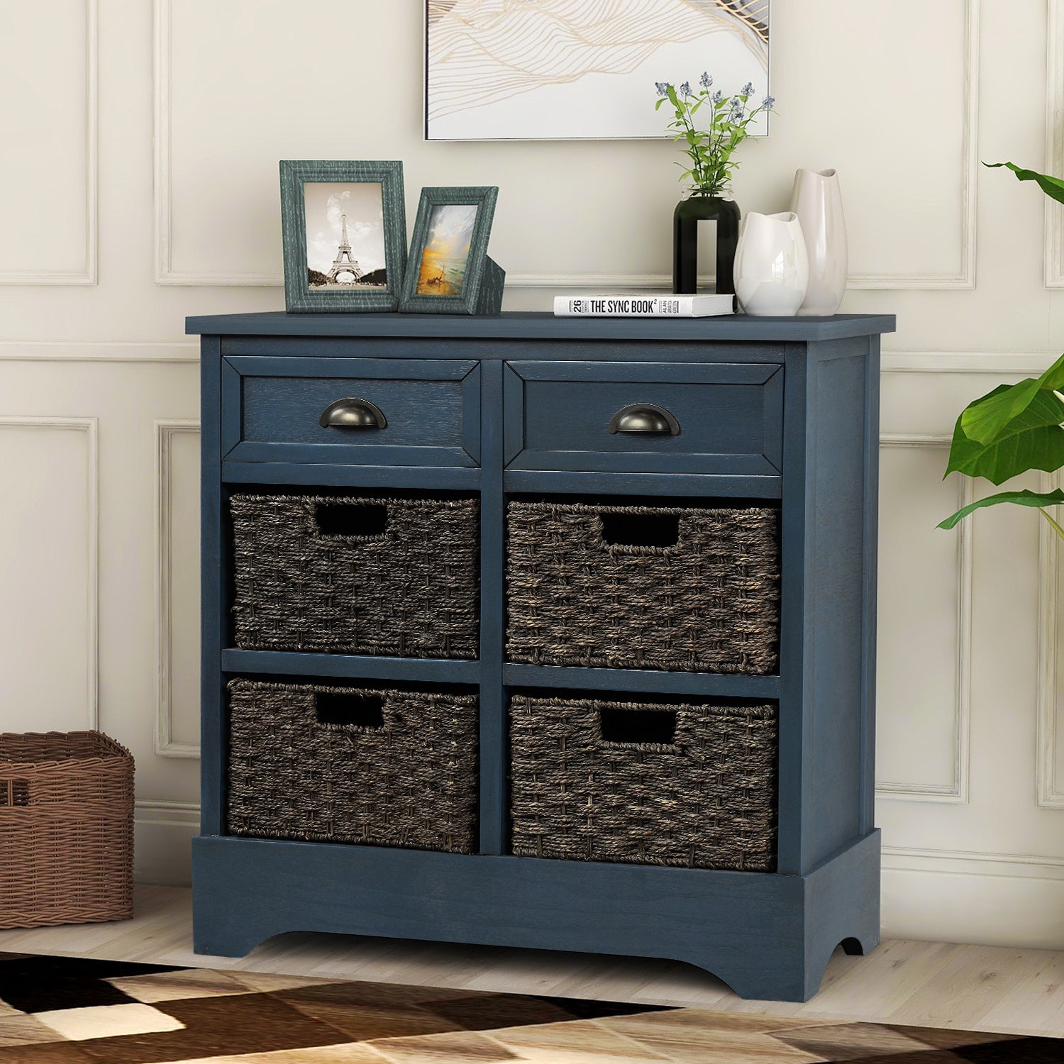 🆓🚛 Rustic Storage Cabinet With Two Drawers and Four Classic Rattan Basket for Dining Room/Entryway/Living Room (Antique Navy)