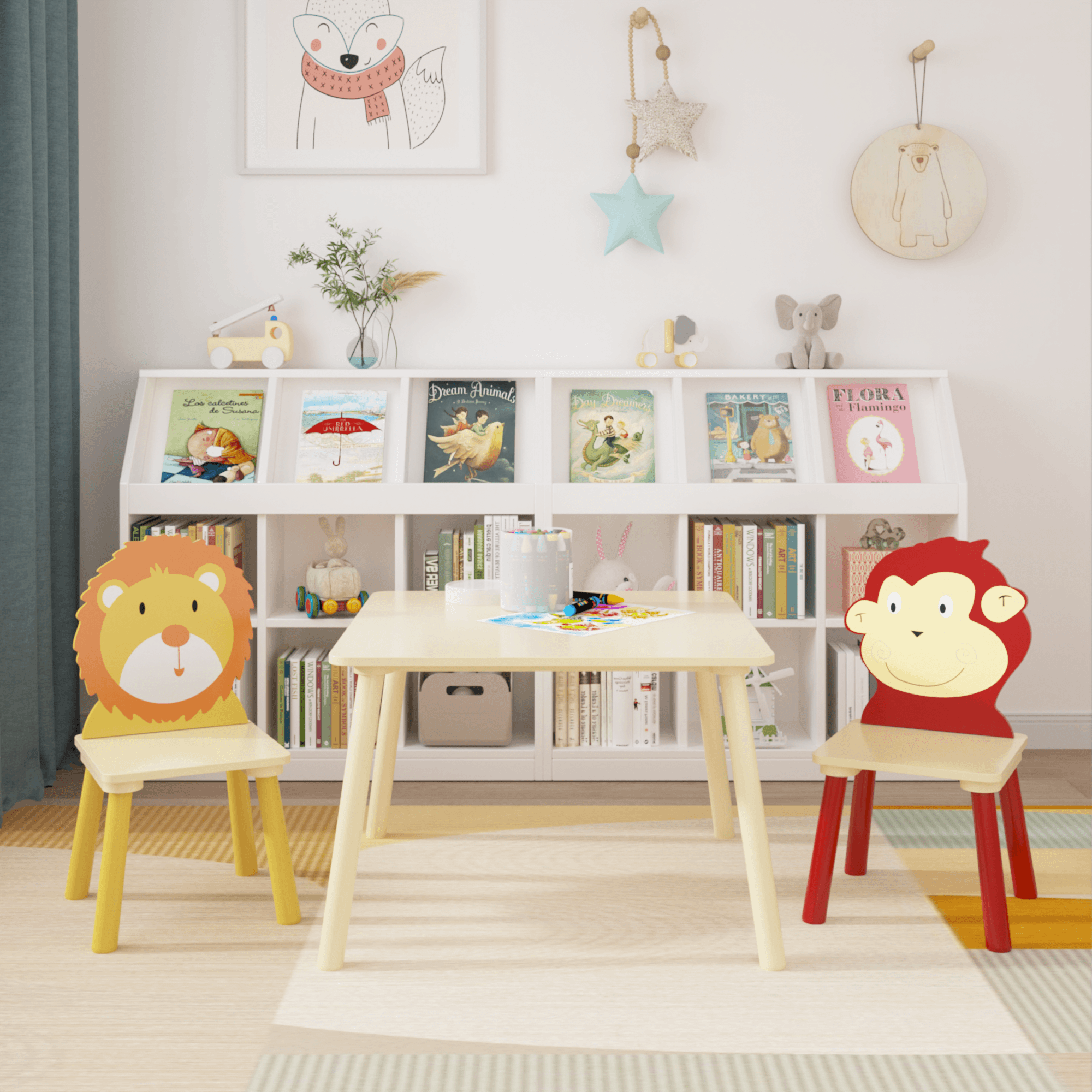 🆓🚛 Kids Table & 2 Chairs Set, 3 Pieces Toddler Table & Chair Set, Wooden Activity Play Table Set, Lion & Monkey