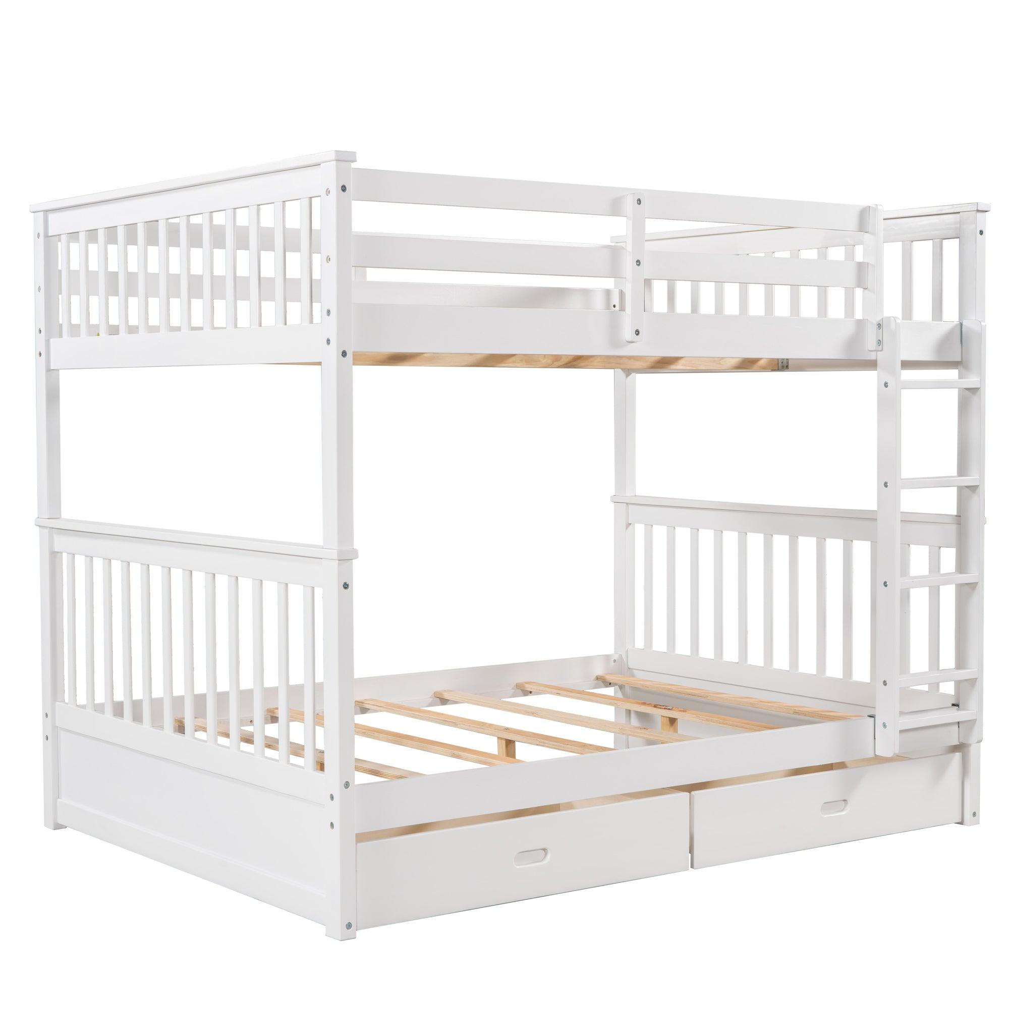 Full-Over-Full Bunk Bed with Ladders and Two Storage Drawers (White)