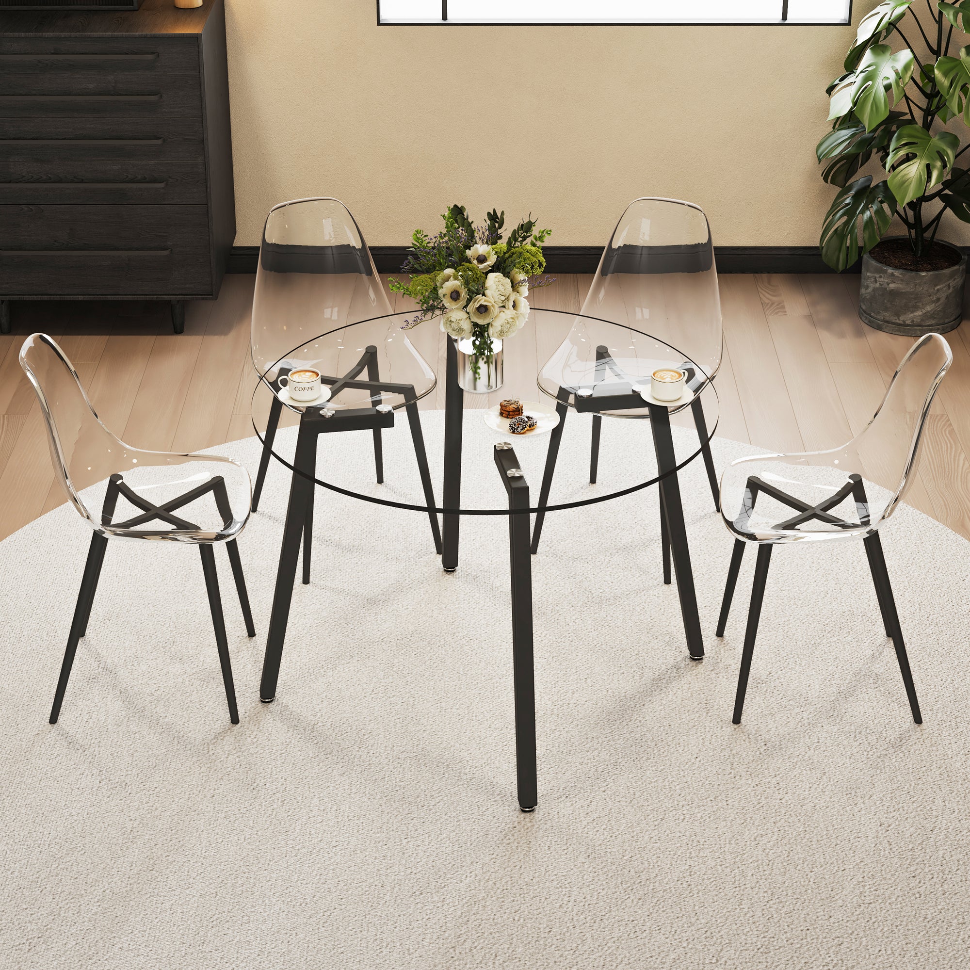 🆓🚛 Modern Simple Style Round Transparent Tempered Glass Table, Black Metal Legs, 4-Piece Set of Modern Minimalist Transparent Dining Chairs, Black Metal Legs