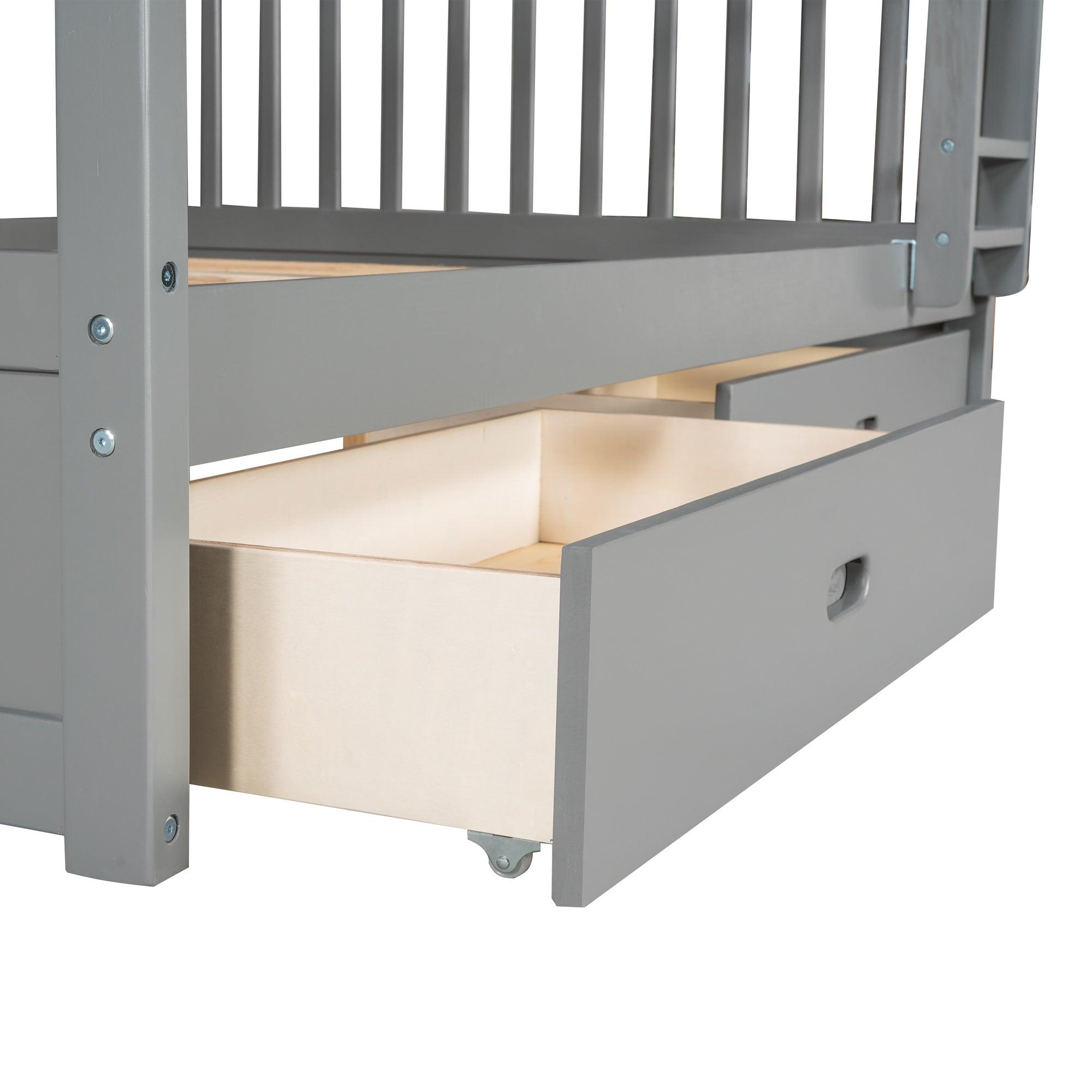 Full-Over-Full Bunk Bed with Ladders and Two Storage Drawers (Gray)