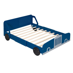 Full Size Car-Shaped Platform Bed with Wheels, Blue