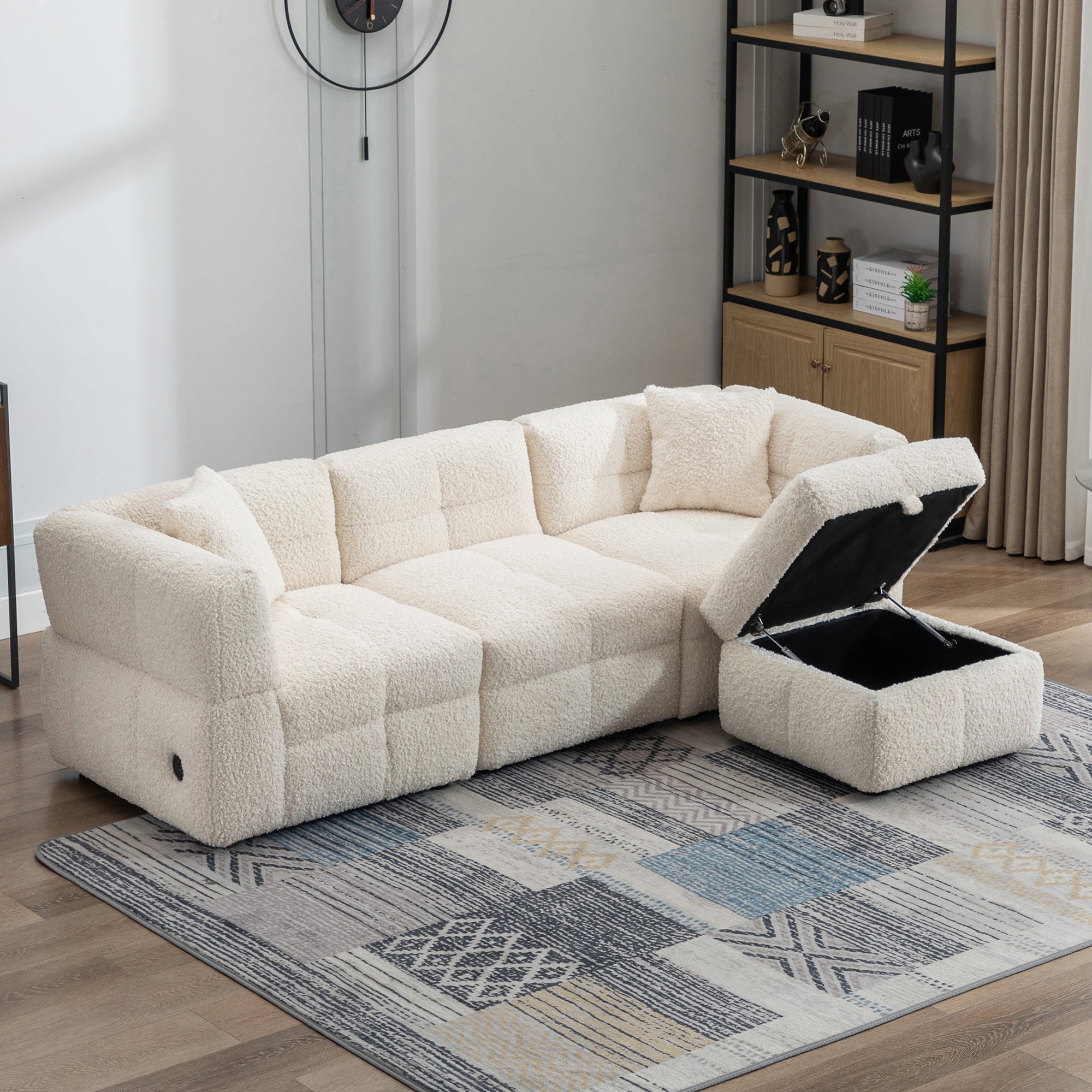 🆓🚛 87.7" Sectional Sofa Cozy Teddy Fleece Fabric Sectional Sofa Couch With 2 USB Ports, Movable Storage Ottoman & Two Lumbar Pillows for Living Room, Creamy White