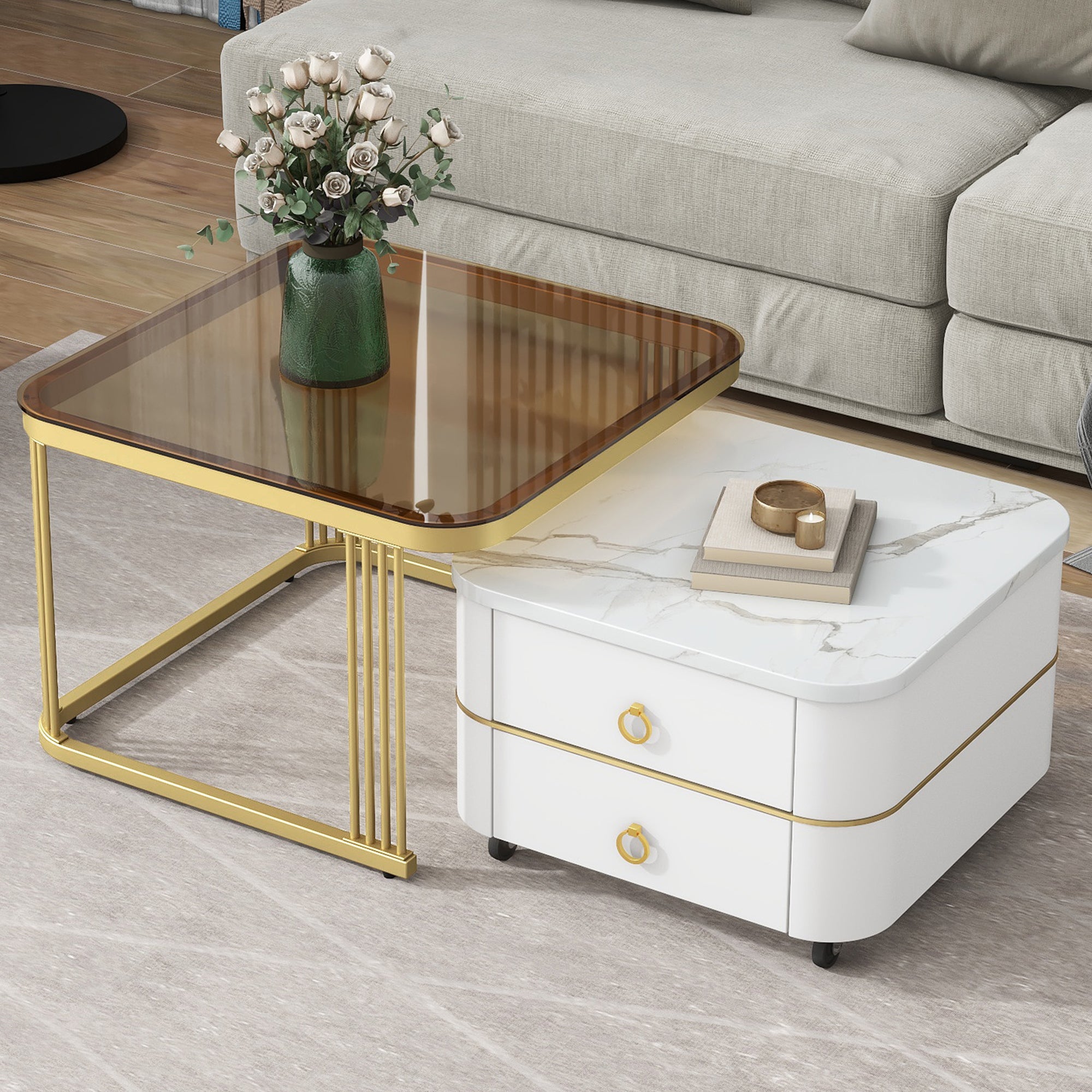 2-in-1 Square Nesting Coffee Table with Wheels & Drawers, Stackable Side Table with High Gloss Marble Grain Top, End Table Set with Brown Tempered Glass for Living Room, White