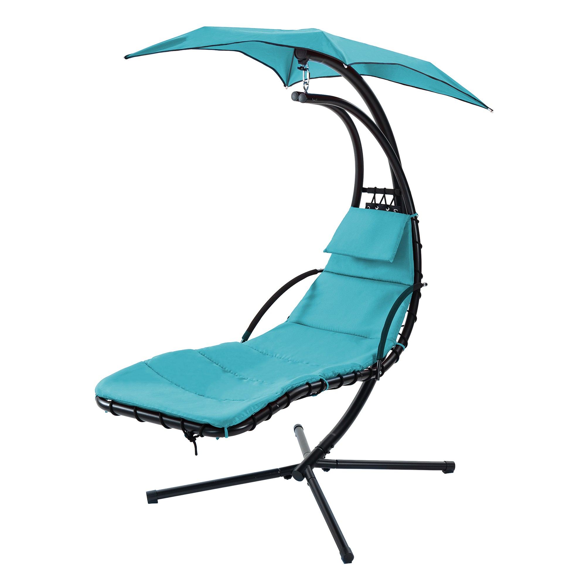 🆓🚛 Hanging Chaise Lounger with Removable Canopy, Outdoor Swing Chair with Built-in Pillow, Hanging Curved Chaise Lounge Chair Swing for Patio Porch Poolside, Hammock Chair with Stand Blue