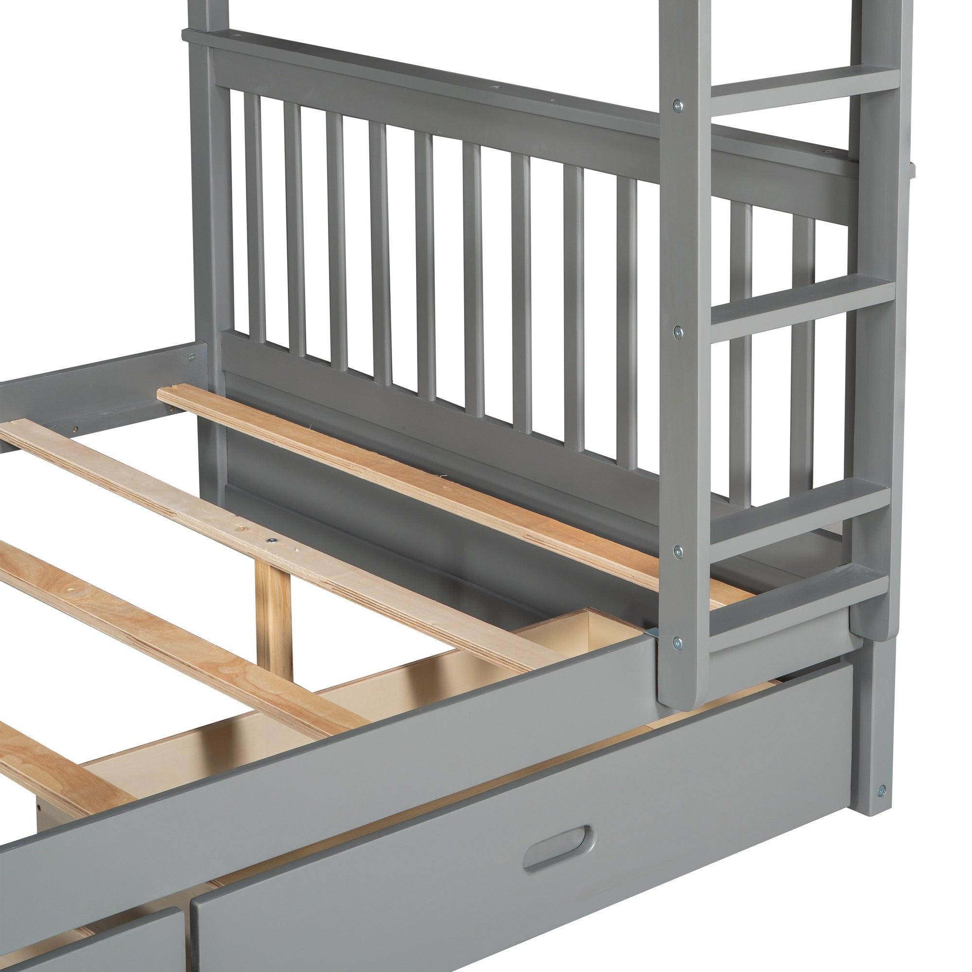 Full-Over-Full Bunk Bed with Ladders and Two Storage Drawers (Gray)