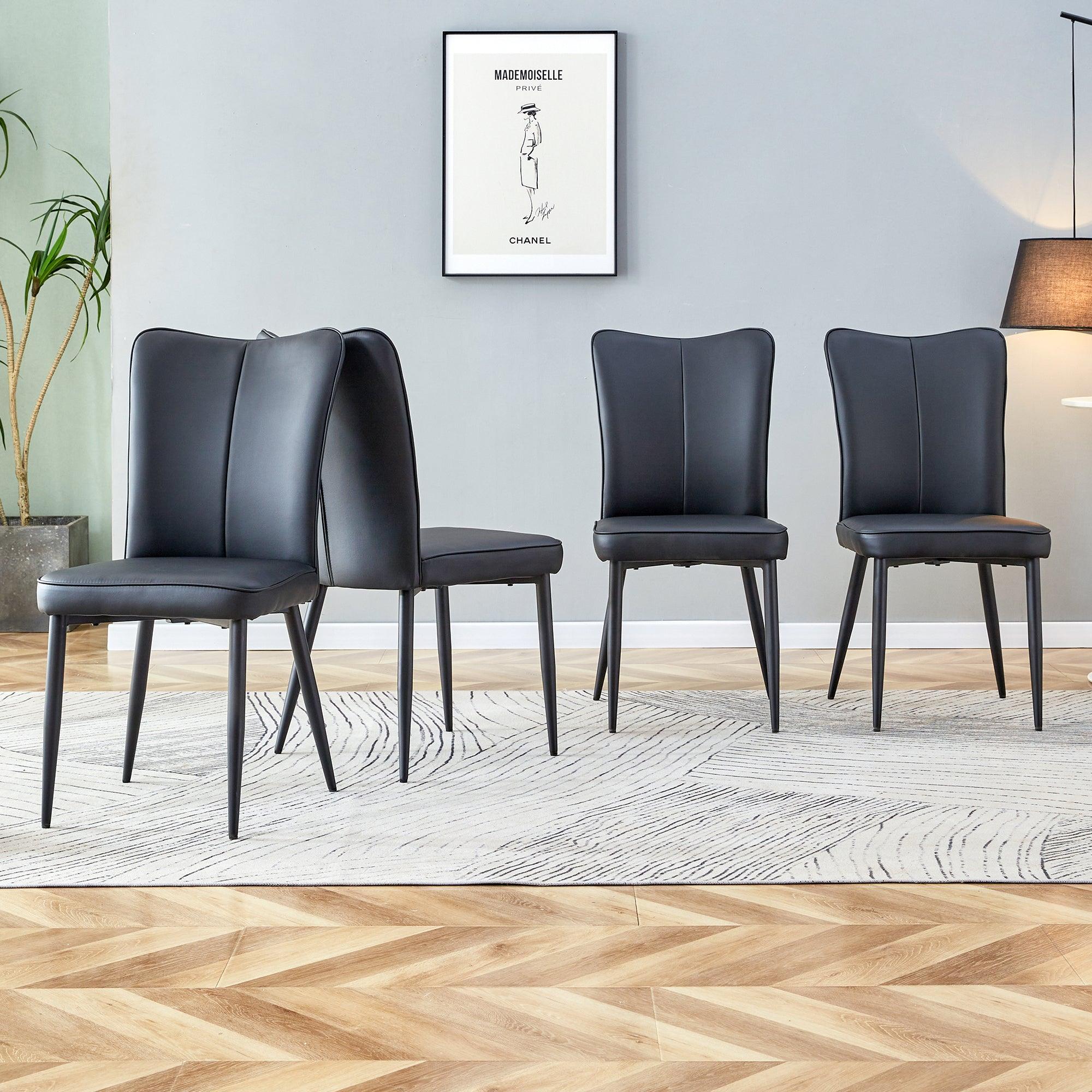 🆓🚛 Modern Minimalist Dining Chairs, Black Pu Leather Curved Backrest & Seat Cushions, Black Metal Chair Legs, Suitable for Restaurants, Bedrooms, & Living Rooms a Set Of 4 Chairs.