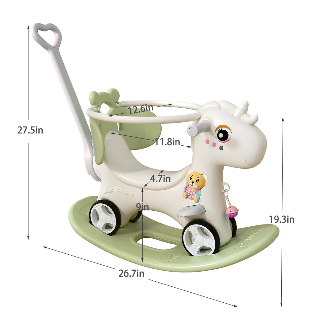 🆓🚛 Rocking Horse for Toddlers, Balance Bike Ride On Toys With Push Handle, Backrest & Balance Board for Baby Girl & Boy, Unicorn Kids Green Color