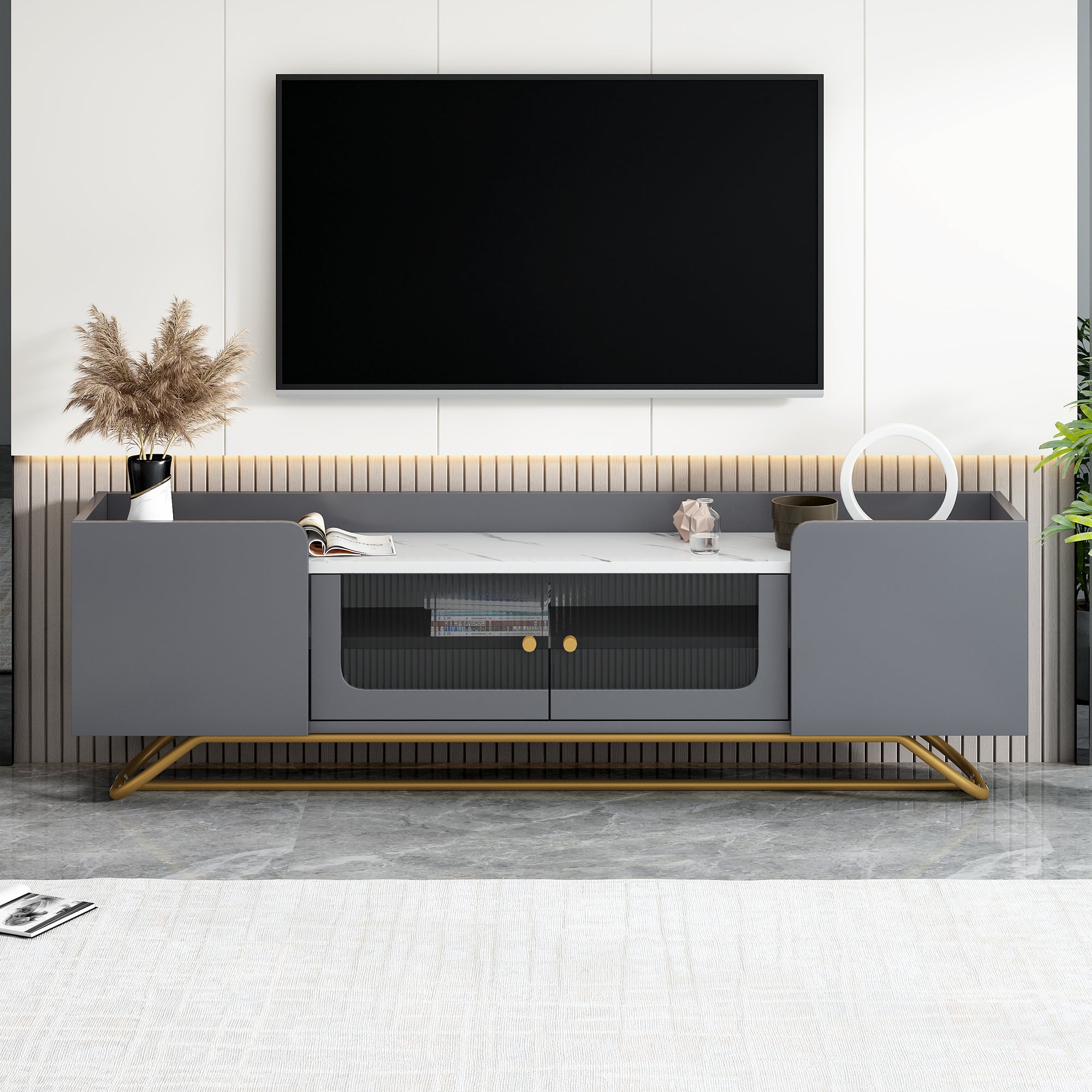 🆓🚛 Sleek Design TV Stand With Fluted Glass, Contemporary Entertainment Center for TV'S Up To 70", Faux Marble Top TV Console Table With Gold Frame Base, Gray