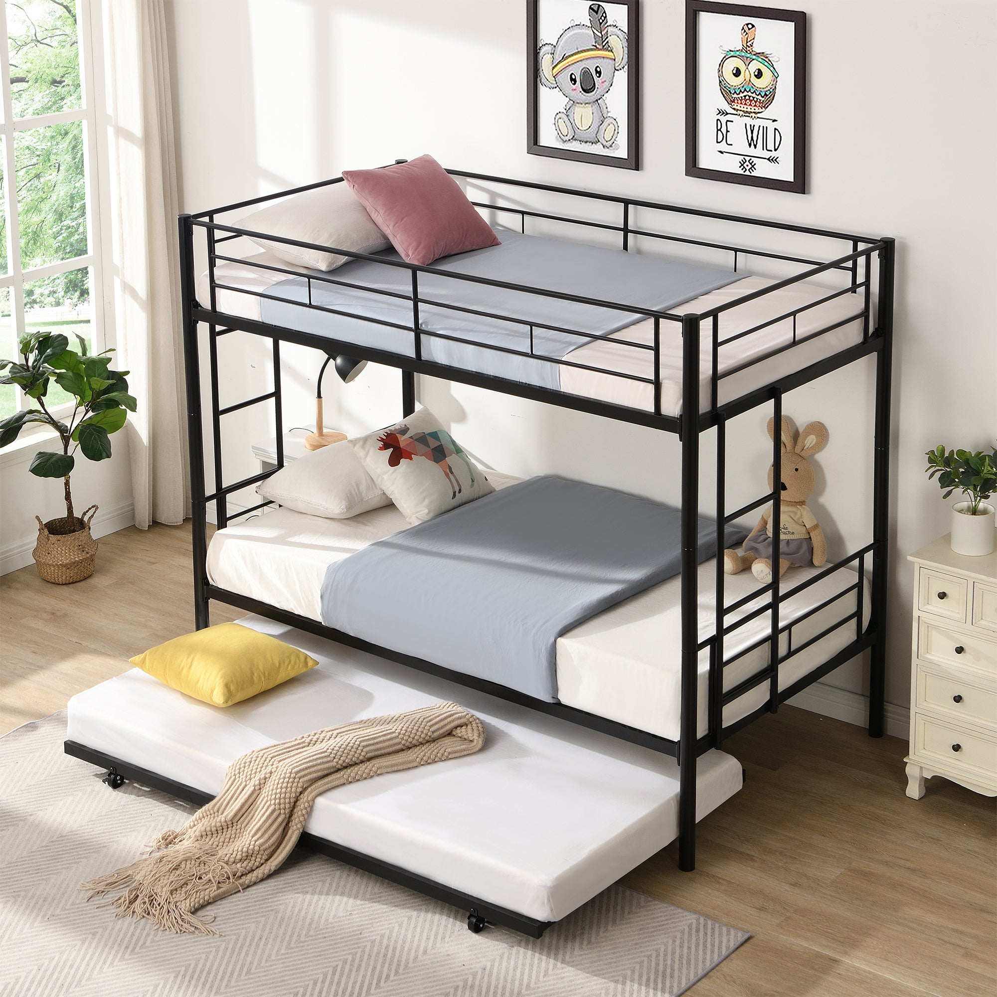 🆓🚛 Over Twin Bunk Bed Frame With Trundle, Metal Bunkbed With Sturdy Guard Rail and 2 Side Ladders for Kids/Adults, Can Be Divided Into Two Beds, Black